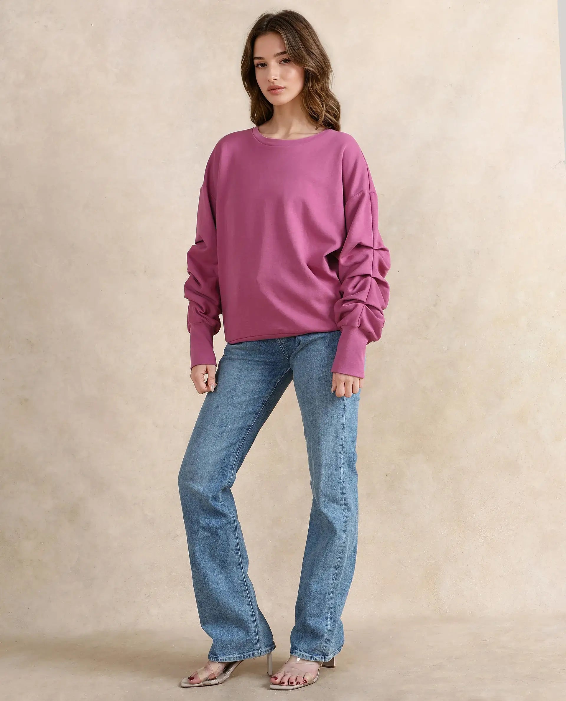 Rareism Women Ruch Dark Pink Cotton Blend Fabric Full Sleeve Crew Neck Relaxed Fit Hip Length Plain Sweatshirt