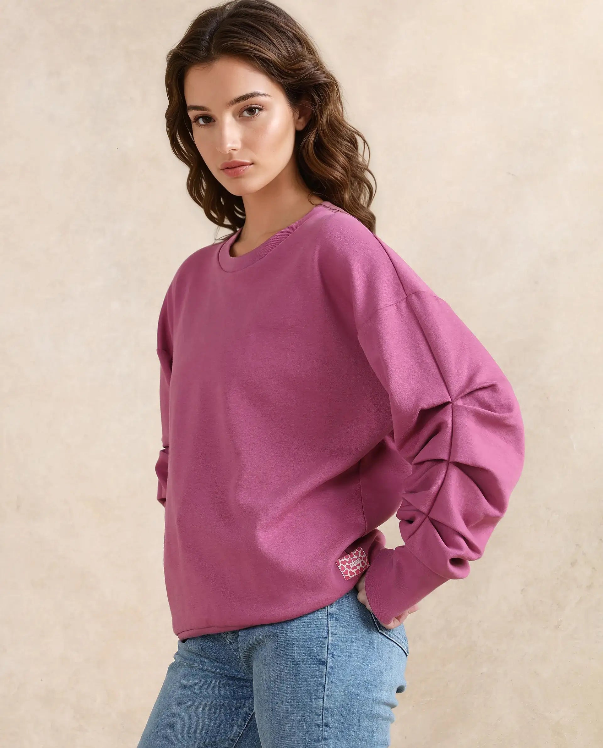 Rareism Women Ruch Dark Pink Cotton Blend Fabric Full Sleeve Crew Neck Relaxed Fit Hip Length Plain Sweatshirt
