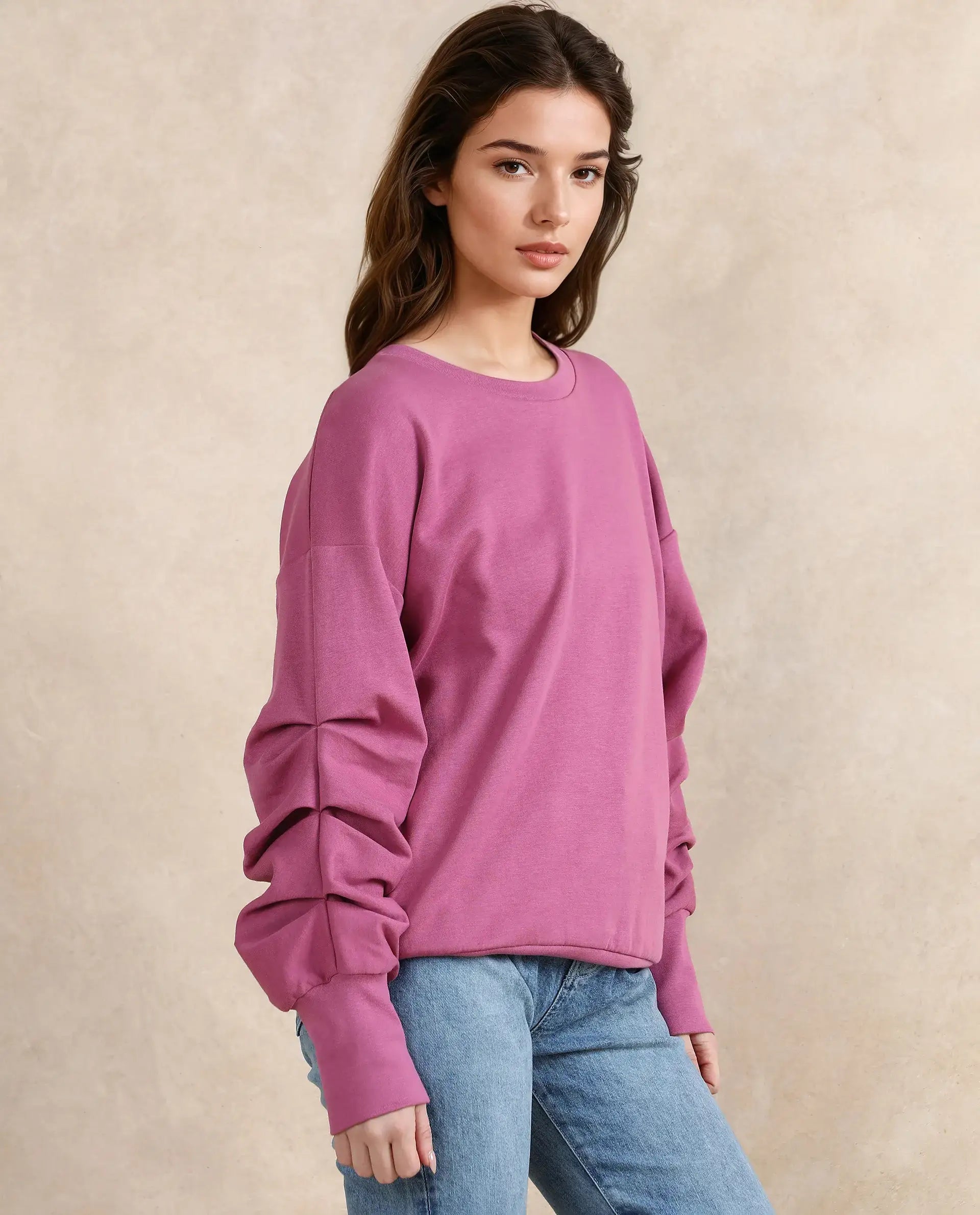 Rareism Women Ruch Dark Pink Cotton Blend Fabric Full Sleeve Crew Neck Relaxed Fit Hip Length Plain Sweatshirt