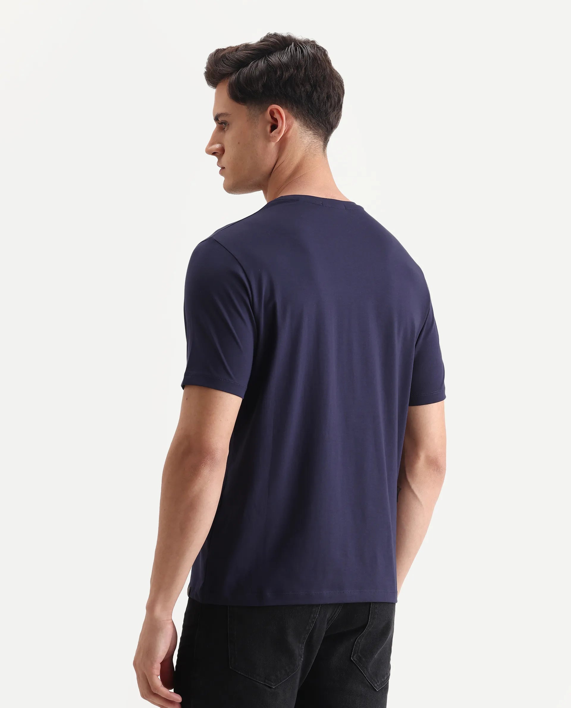 Rare Rabbit Men's Rudi Dark Navy Cotton Blend Graphic Print Regular Fit Half Sleeve Crew Neck T-Shirt