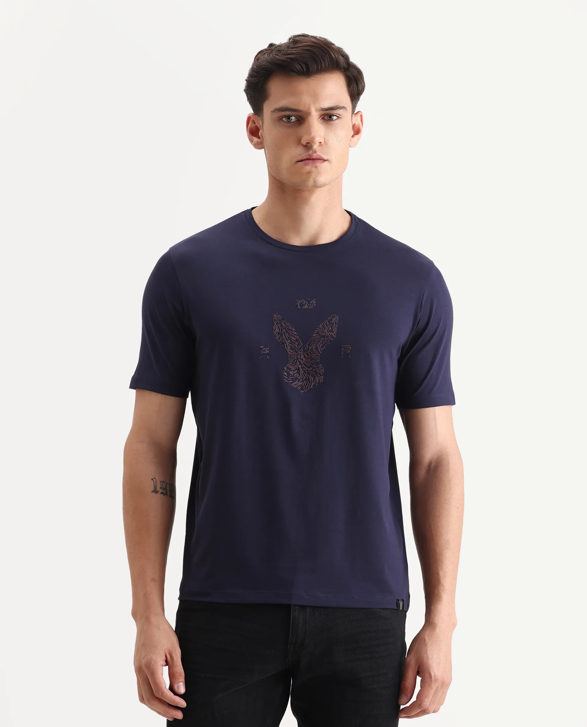 Rare Rabbit Men's Rudi Dark Navy Cotton Blend Graphic Print Regular Fit Half Sleeve Crew Neck T-Shirt