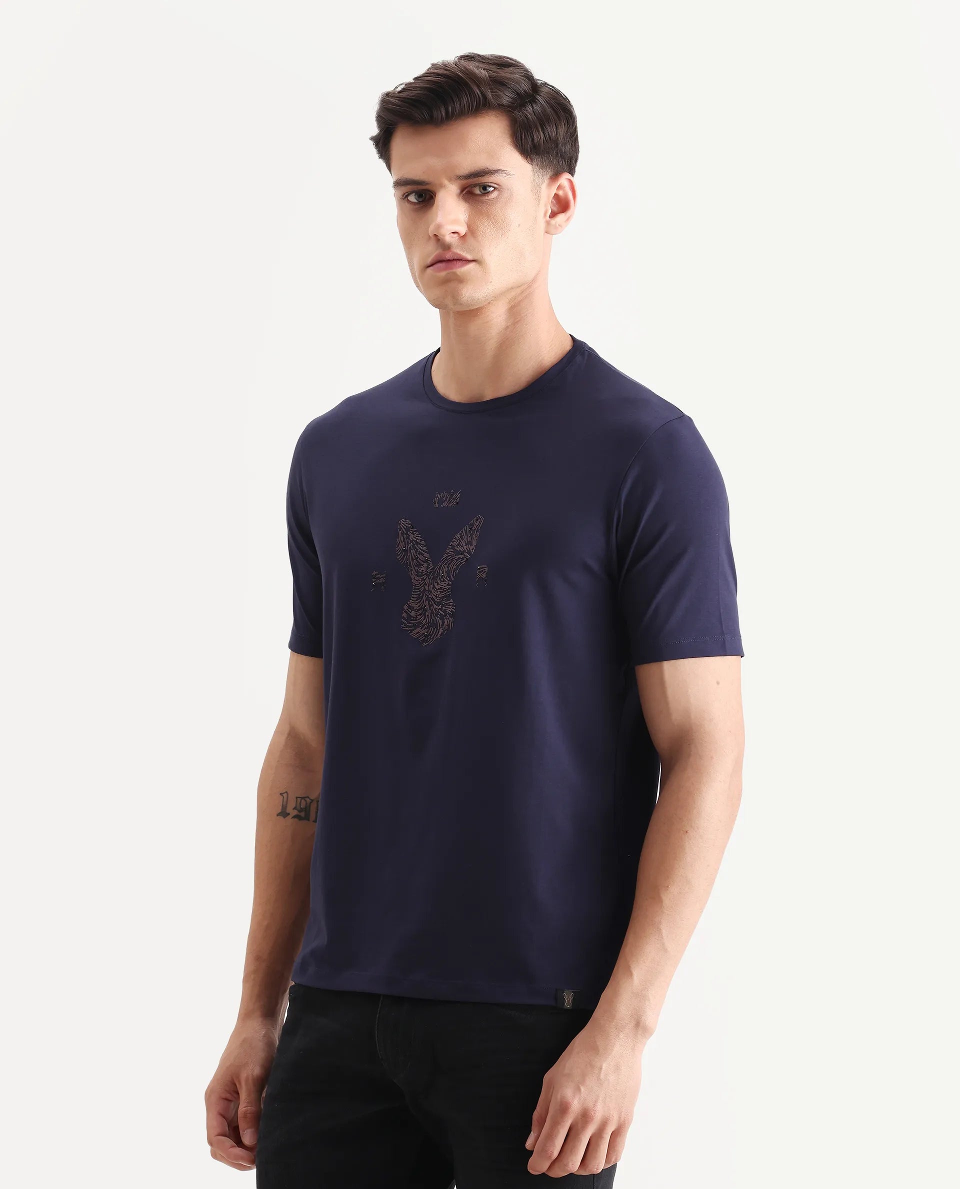 Rare Rabbit Men's Rudi Dark Navy Cotton Blend Graphic Print Regular Fit Half Sleeve Crew Neck T-Shirt