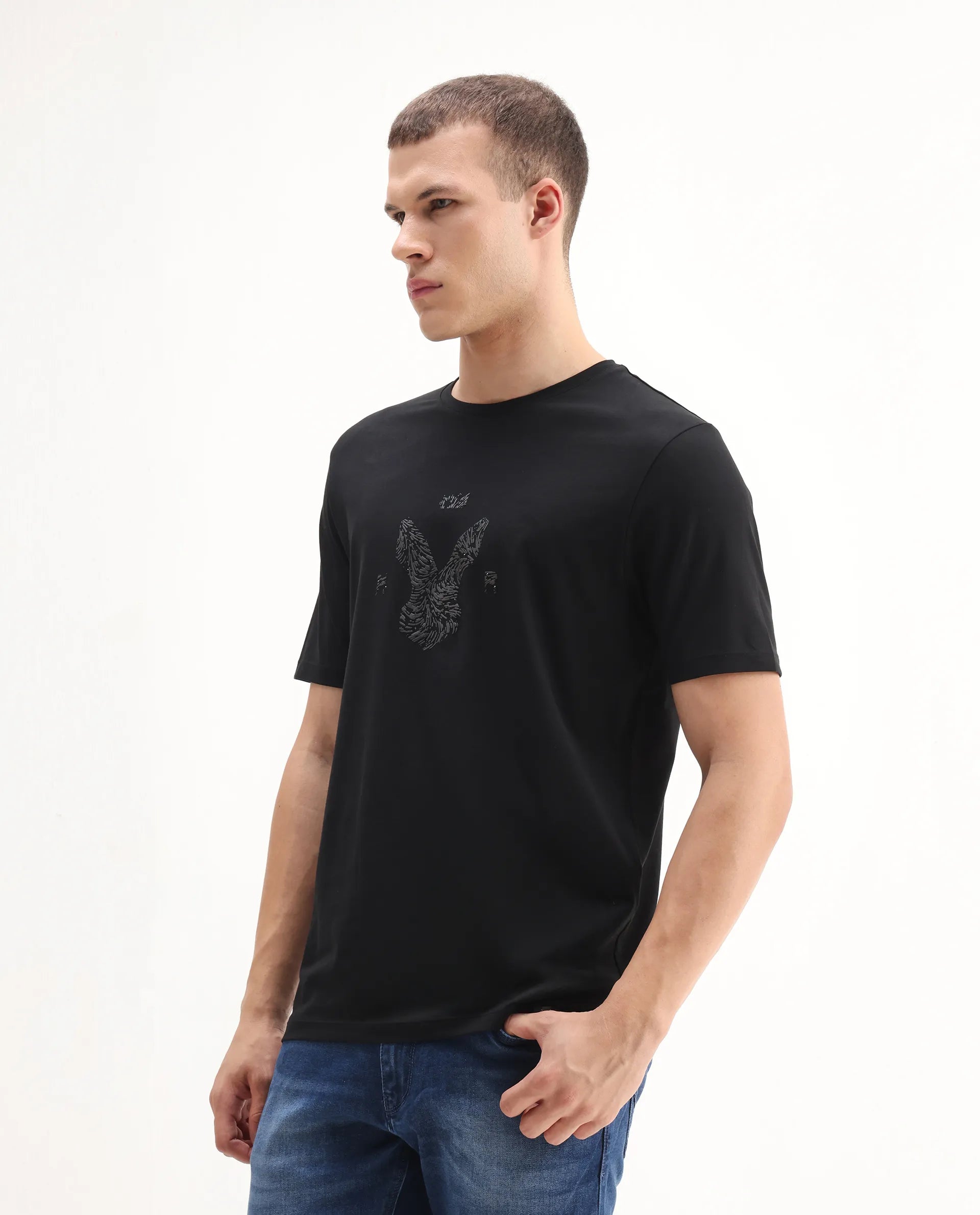 Rare Rabbit Men's Rudi Black Cotton Blend Graphic Print Regular Fit Half Sleeve Crew Neck T-Shirt