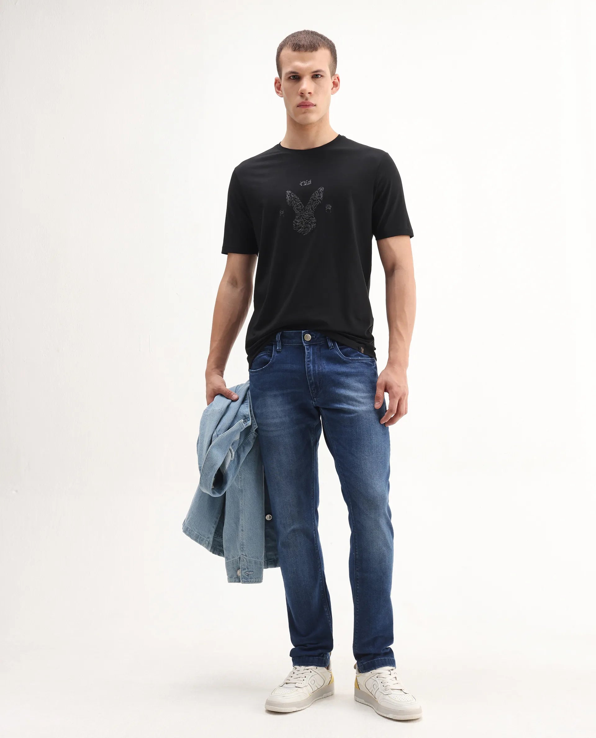 Rare Rabbit Men's Rudi Black Cotton Blend Graphic Print Regular Fit Half Sleeve Crew Neck T-Shirt