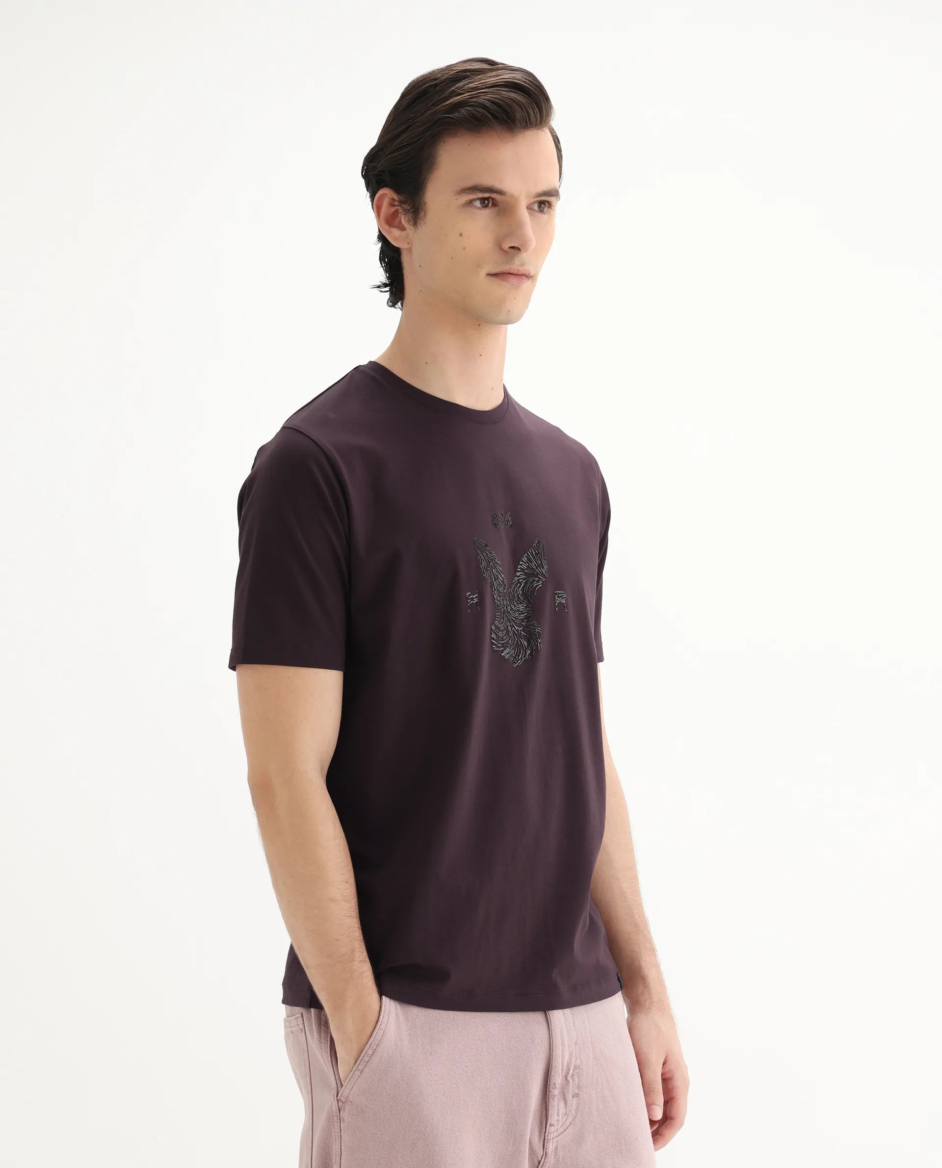 Rare Rabbit Men's Rudi Dark Brown Cotton Blend Graphic Print Regular Fit Half Sleeve Crew Neck T-Shirt