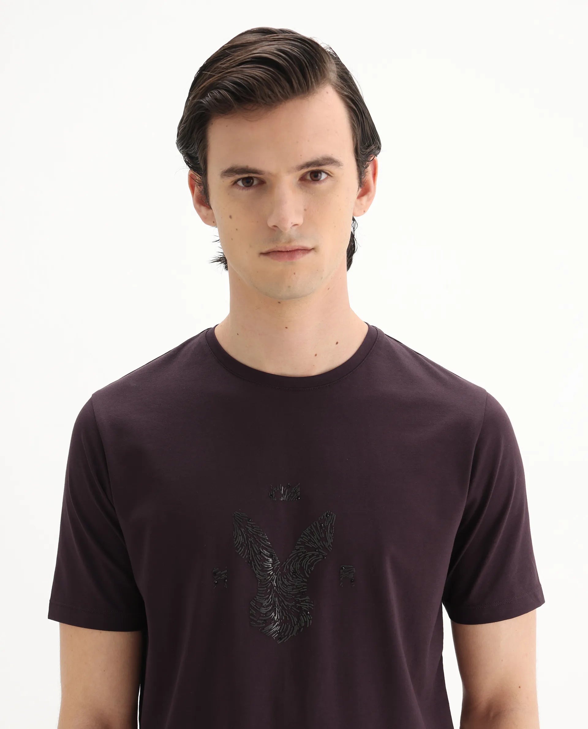 Rare Rabbit Men's Rudi Dark Brown Cotton Blend Graphic Print Regular Fit Half Sleeve Crew Neck T-Shirt