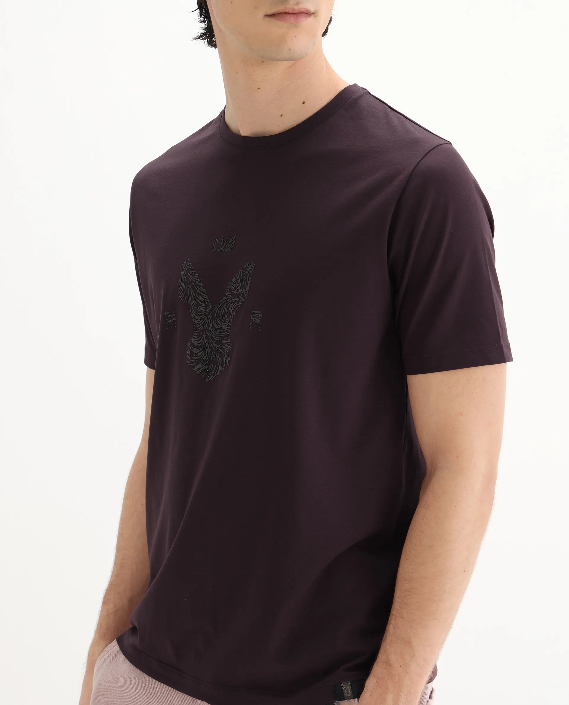 Rare Rabbit Men's Rudi Dark Brown Cotton Blend Graphic Print Regular Fit Half Sleeve Crew Neck T-Shirt