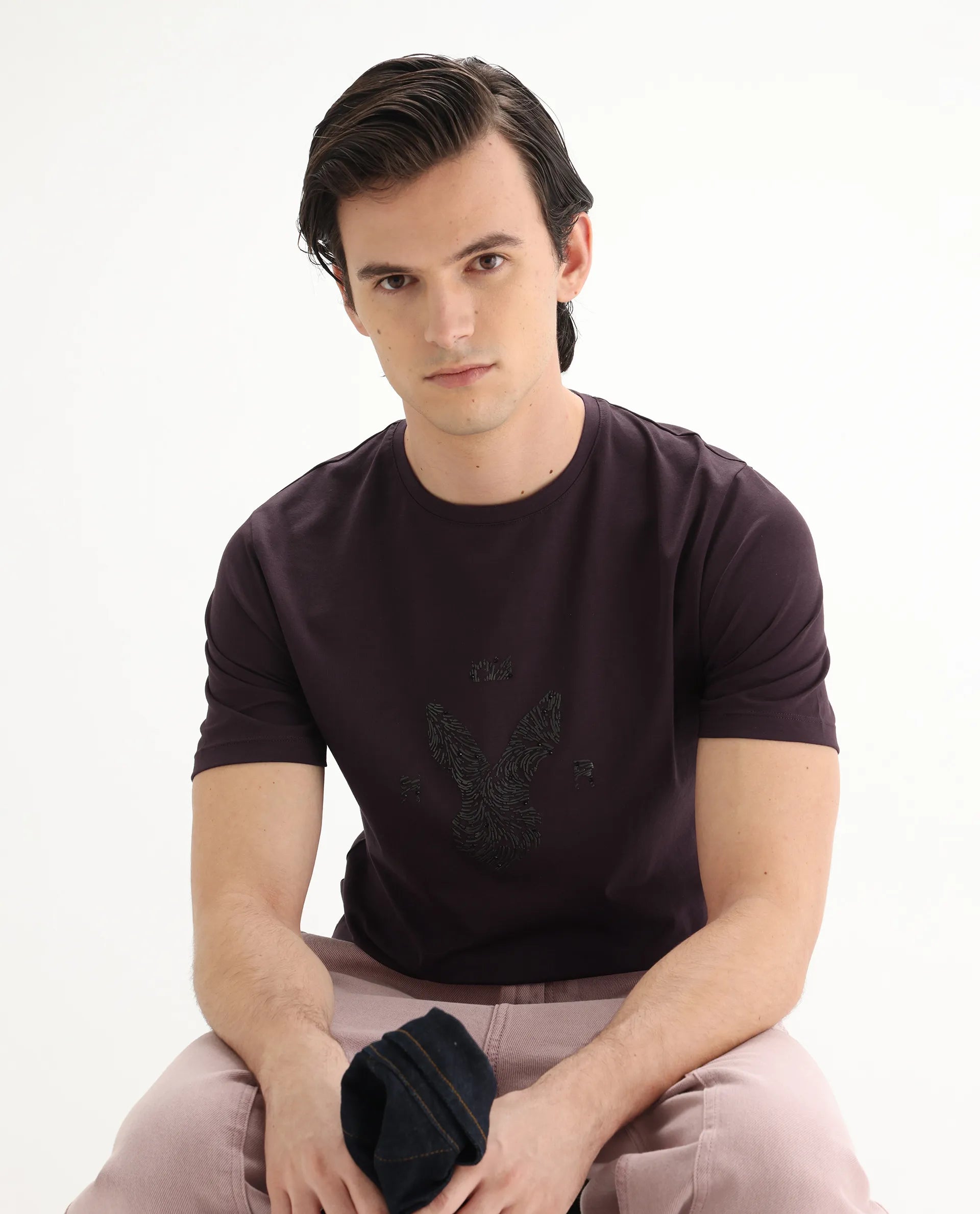 Rare Rabbit Men's Rudi Dark Brown Cotton Blend Graphic Print Regular Fit Half Sleeve Crew Neck T-Shirt