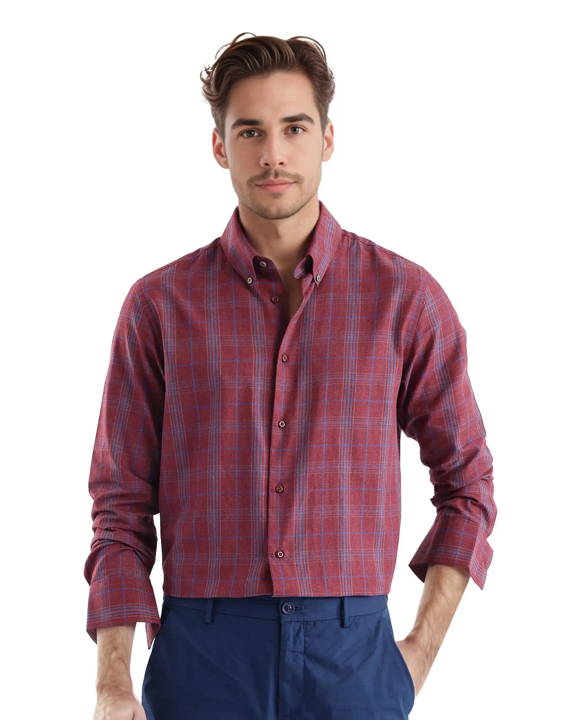 Rare Rabbit Men's Rudo Dark Red Cotton Checked Print Regular Fit Full Sleeve Collared Shirt