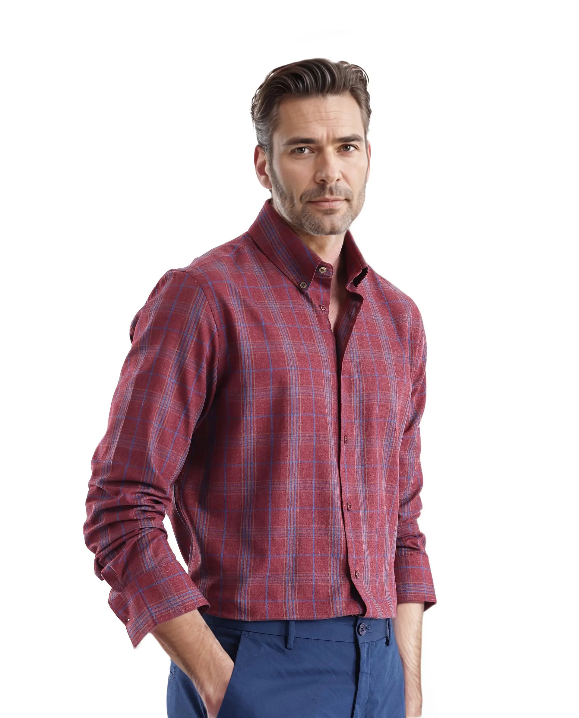 Rare Rabbit Men's Rudo Dark Red Cotton Fabric Full Sleeve Regular Fit Checks Shirt