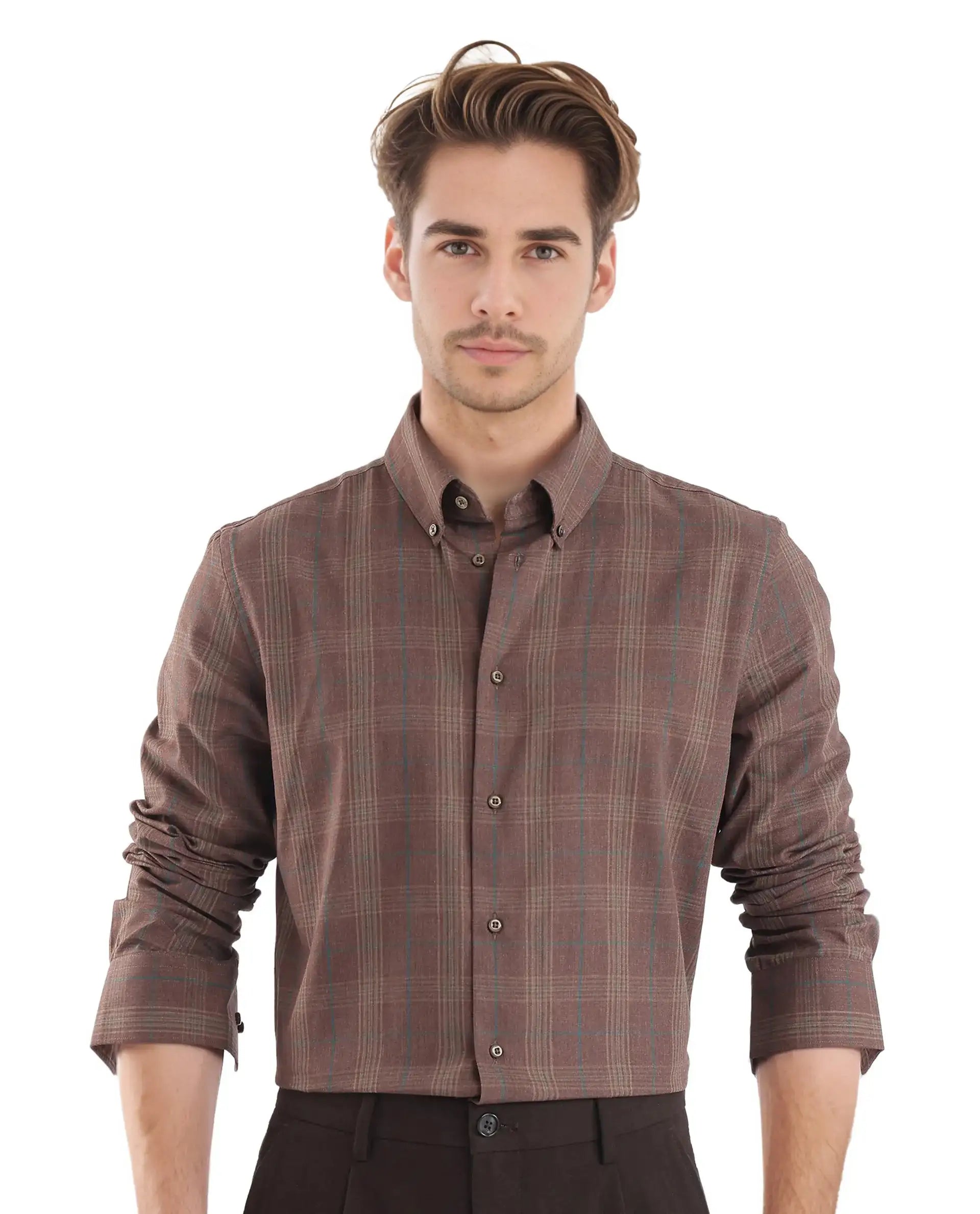 Rare Rabbit Men's Rudo Brown Cotton Checked Print Regular Fit Full Sleeve Collared Shirt