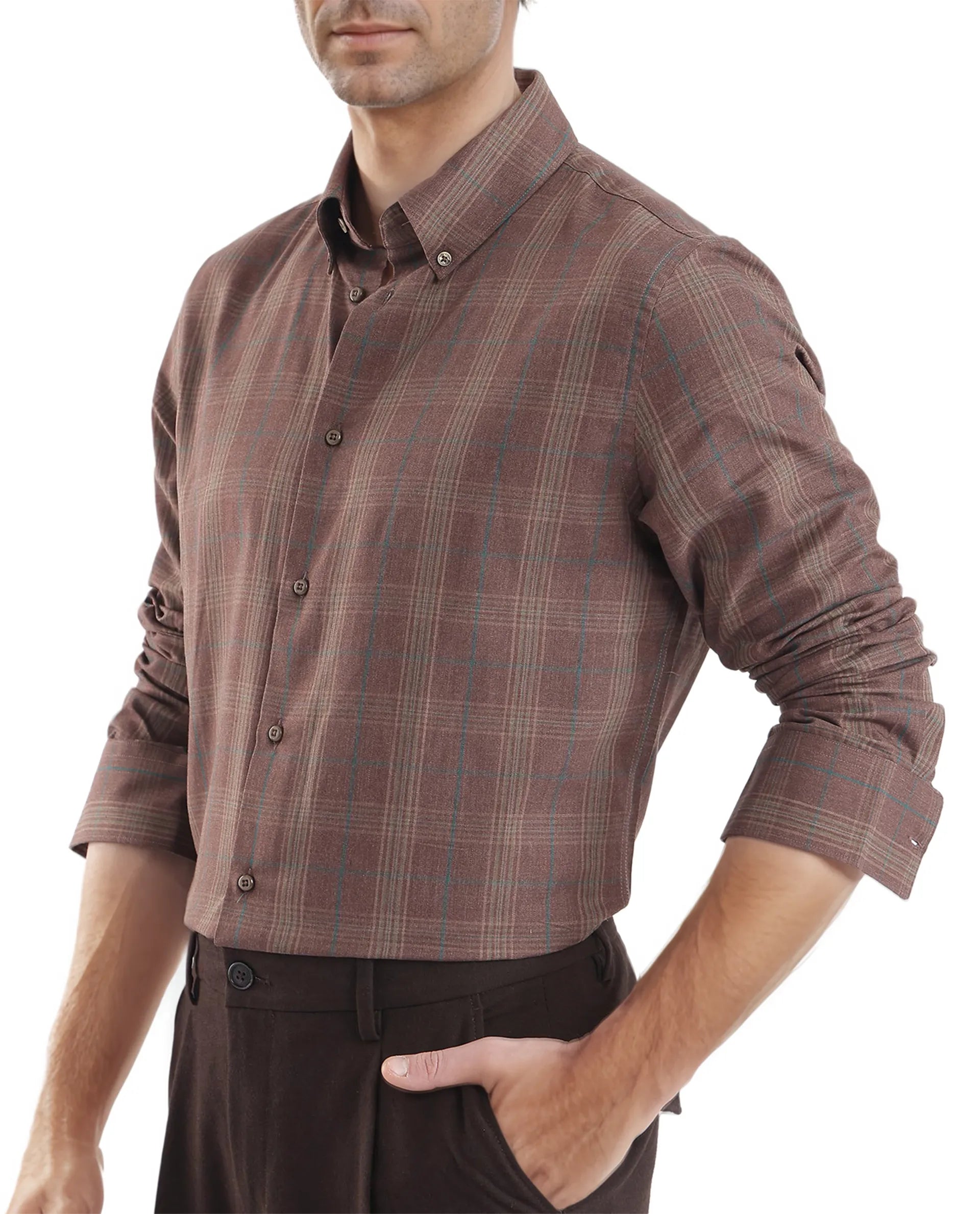 Rare Rabbit Men's Rudo Brown Cotton Fabric Full Sleeve Regular Fit Checks Shirt