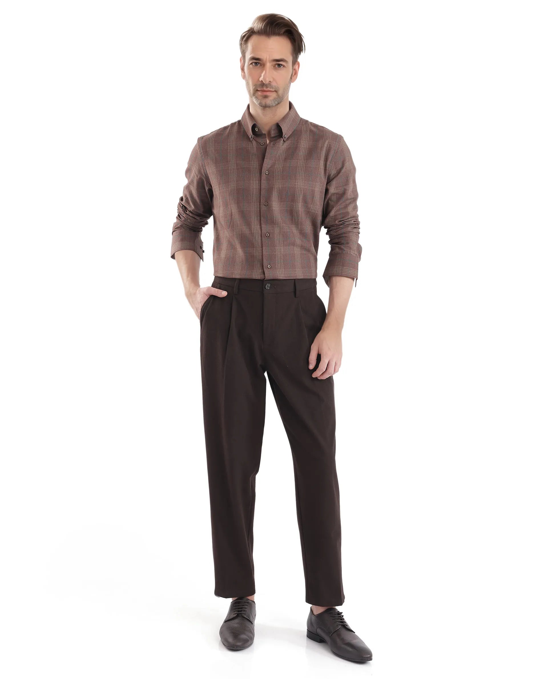 Rare Rabbit Men's Rudo Brown Cotton Fabric Full Sleeve Regular Fit Checks Shirt