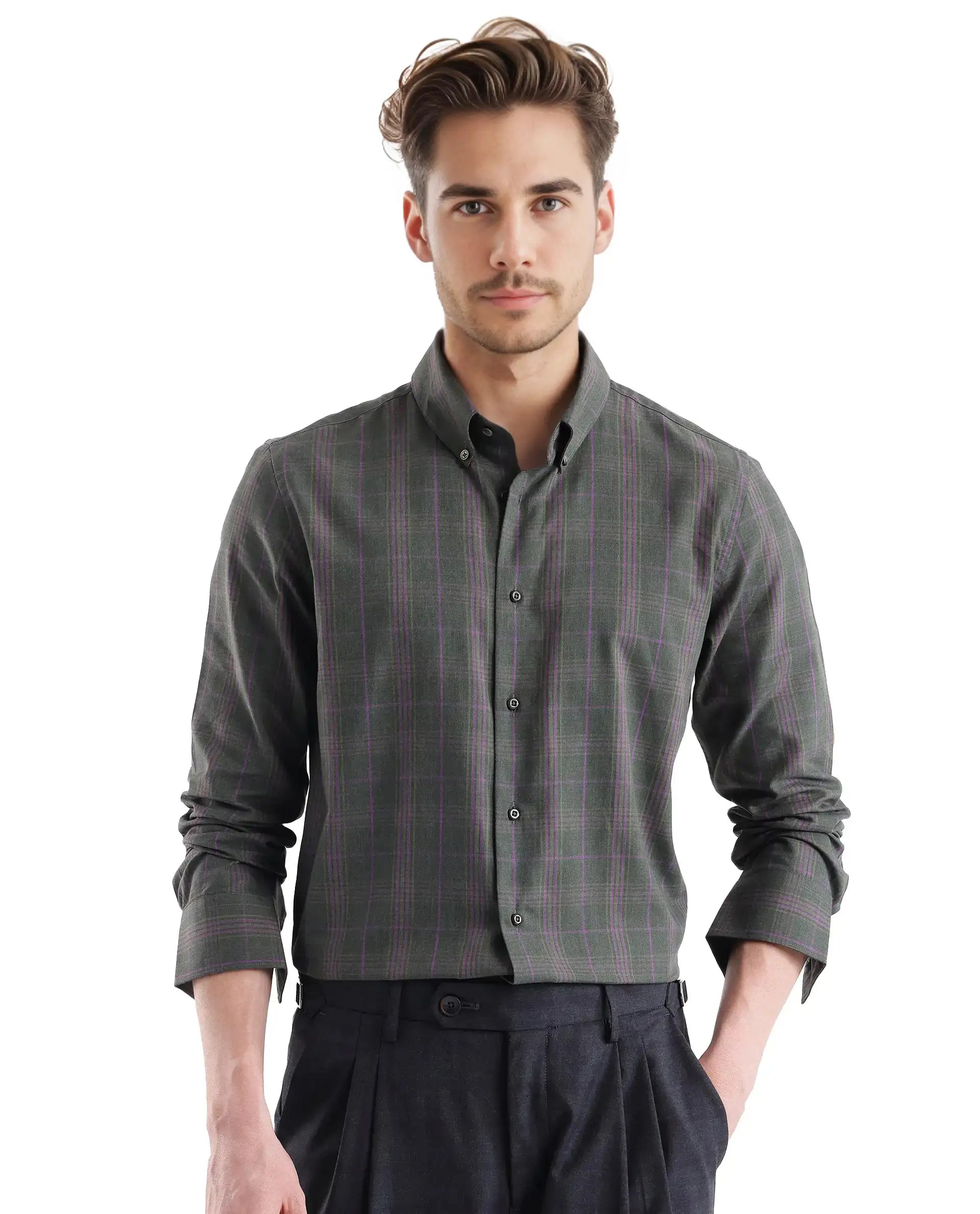 Rare Rabbit Men's Rudo Dark Green Cotton Checked Print Regular Fit Full Sleeve Collared Shirt