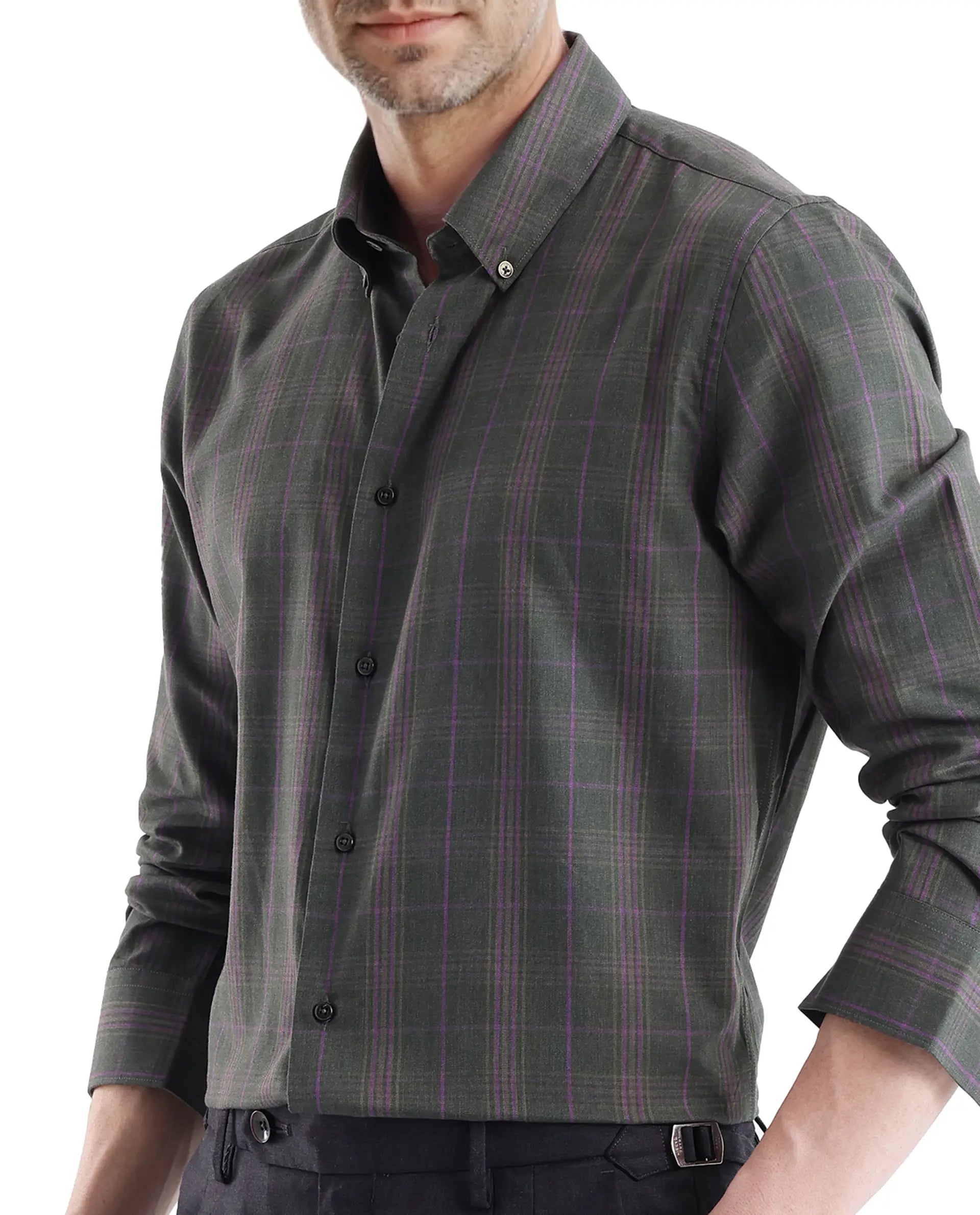 Rare Rabbit Men's Rudo Dark Green Cotton Fabric Full Sleeve Regular Fit Checks Shirt