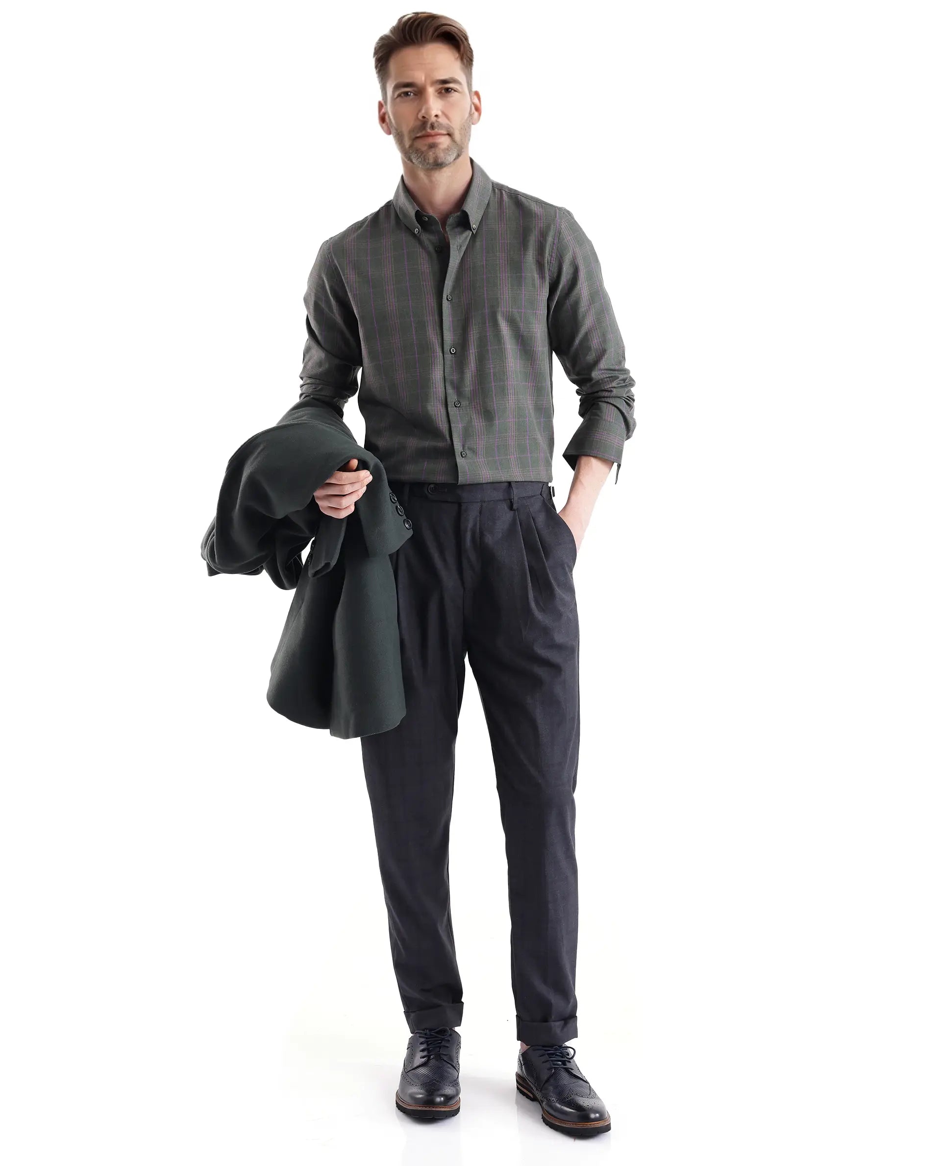 Rare Rabbit Men's Rudo Dark Green Cotton Fabric Full Sleeve Regular Fit Checks Shirt