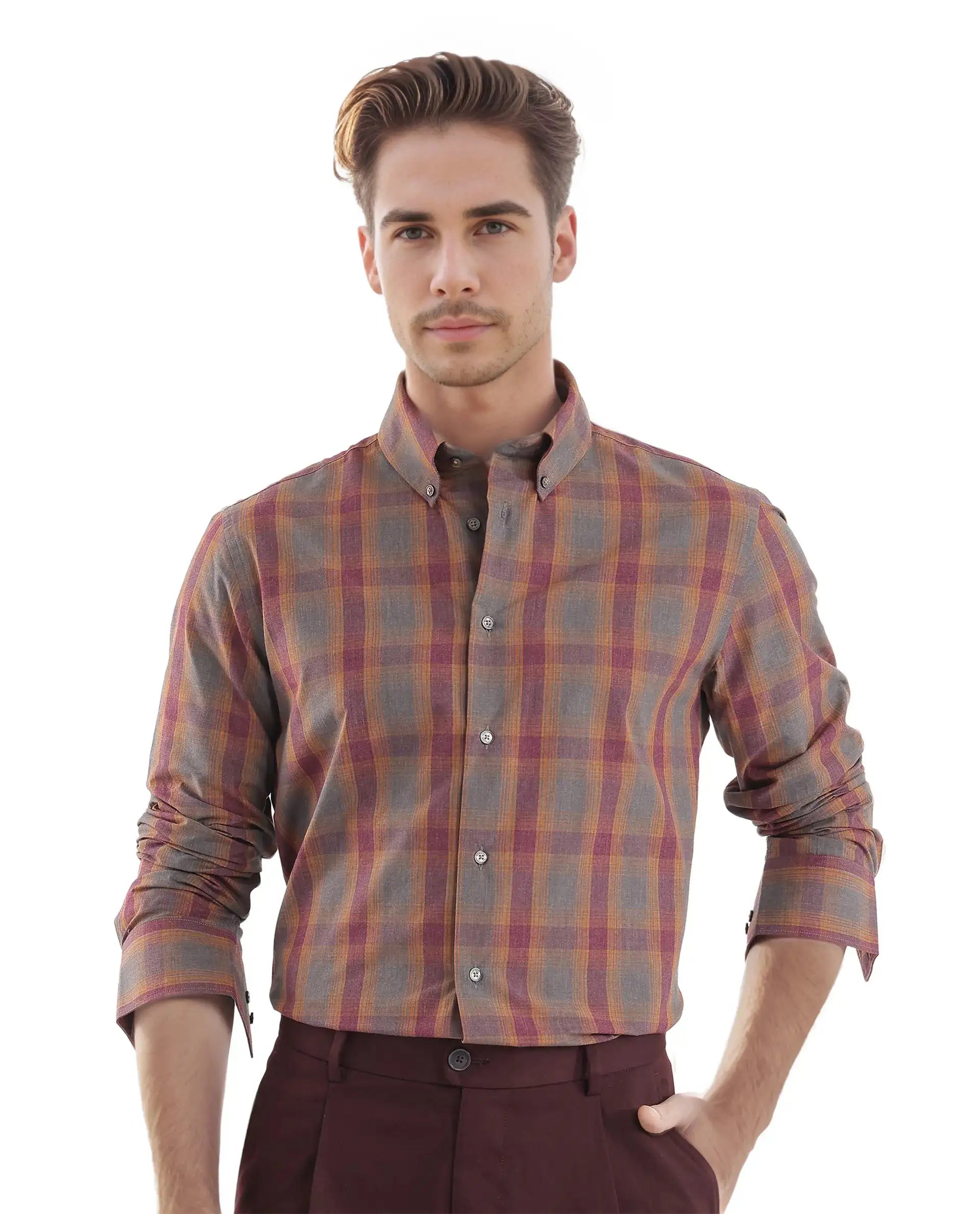 Rare Rabbit Men's Rudo Dark Grey Cotton Checked Print Regular Fit Full Sleeve Collared Shirt