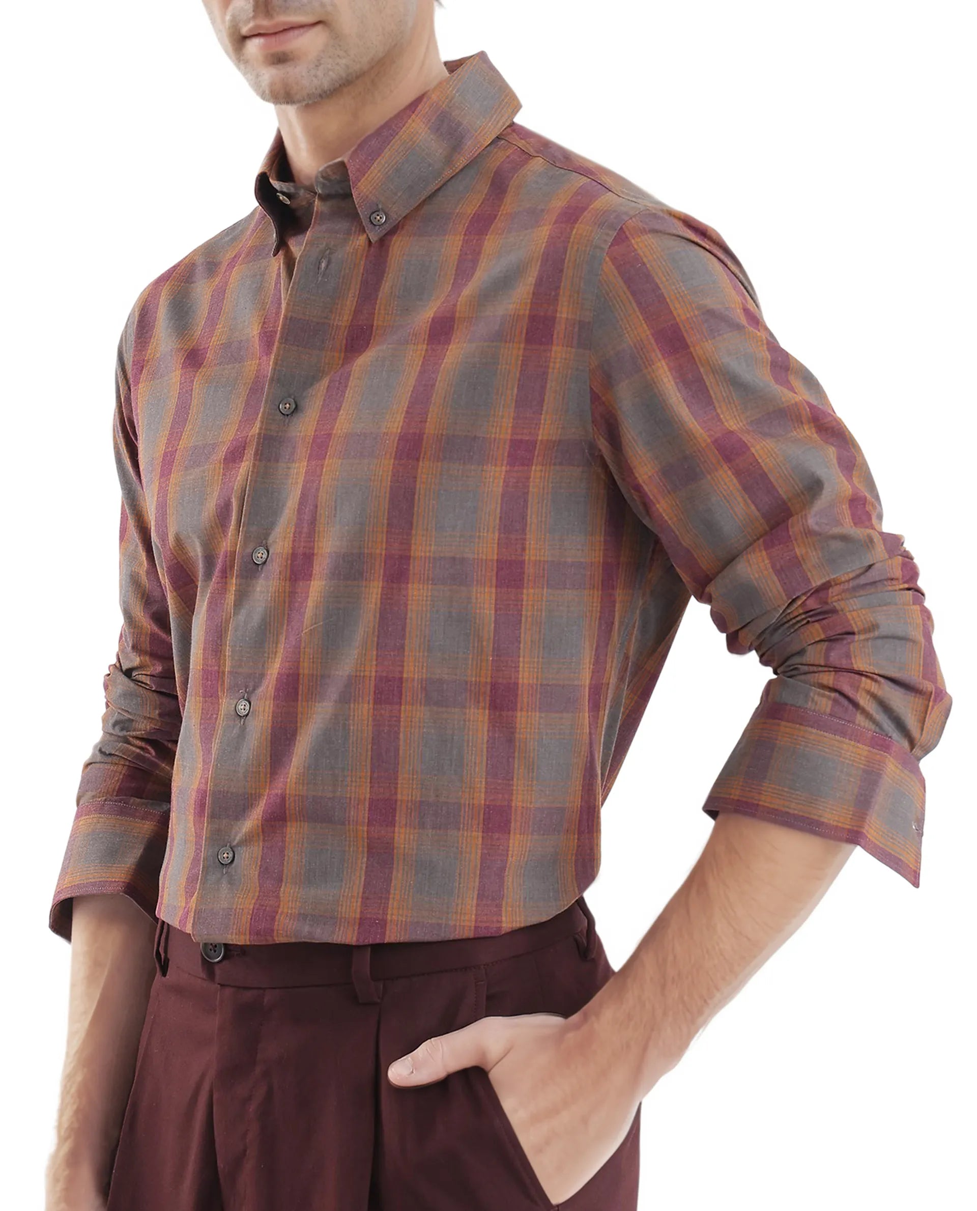 Rare Rabbit Men's Rudo Dark Grey Cotton Fabric Full Sleeve Regular Fit Checks Shirt