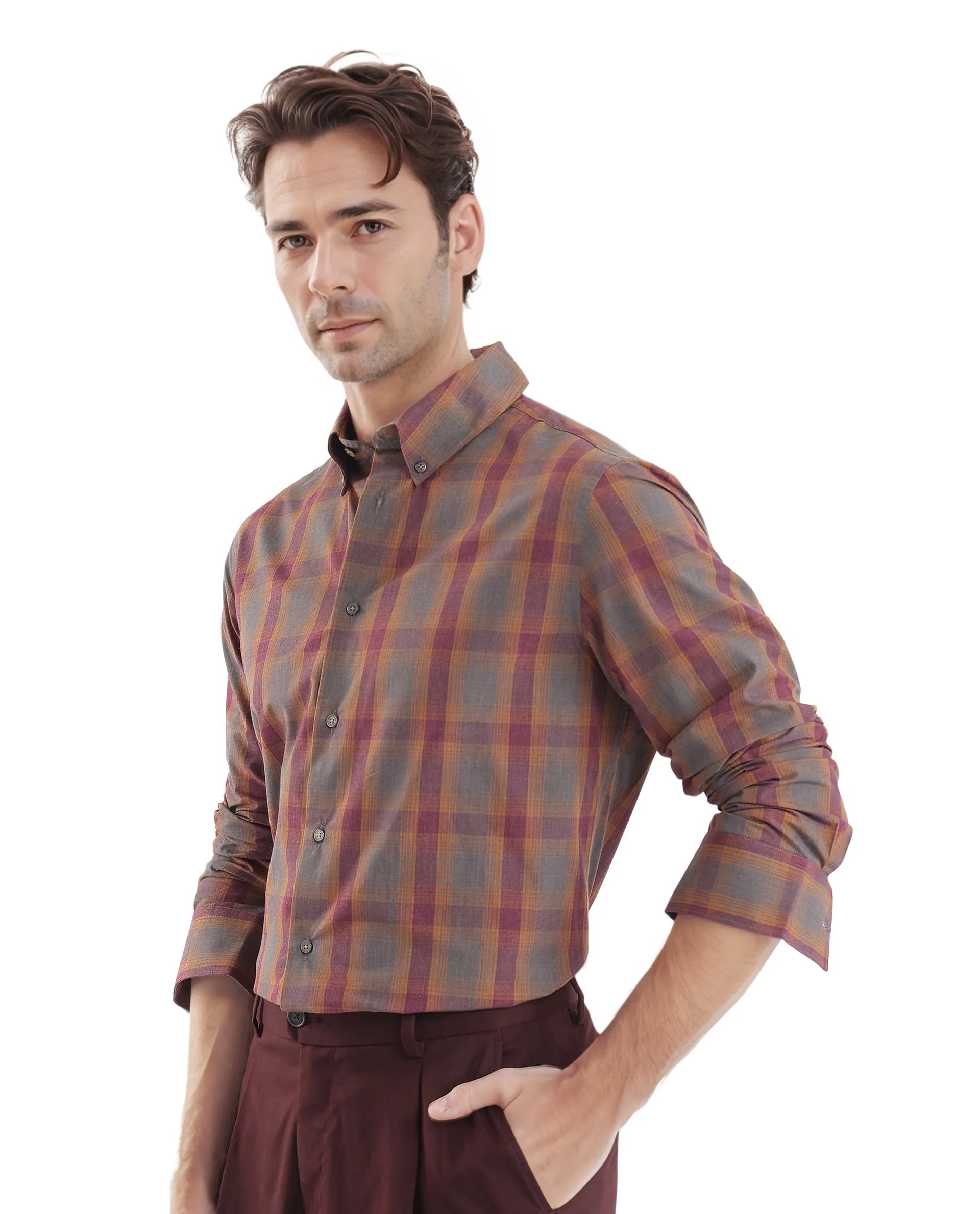 Rare Rabbit Men's Rudo Dark Grey Cotton Fabric Full Sleeve Regular Fit Checks Shirt