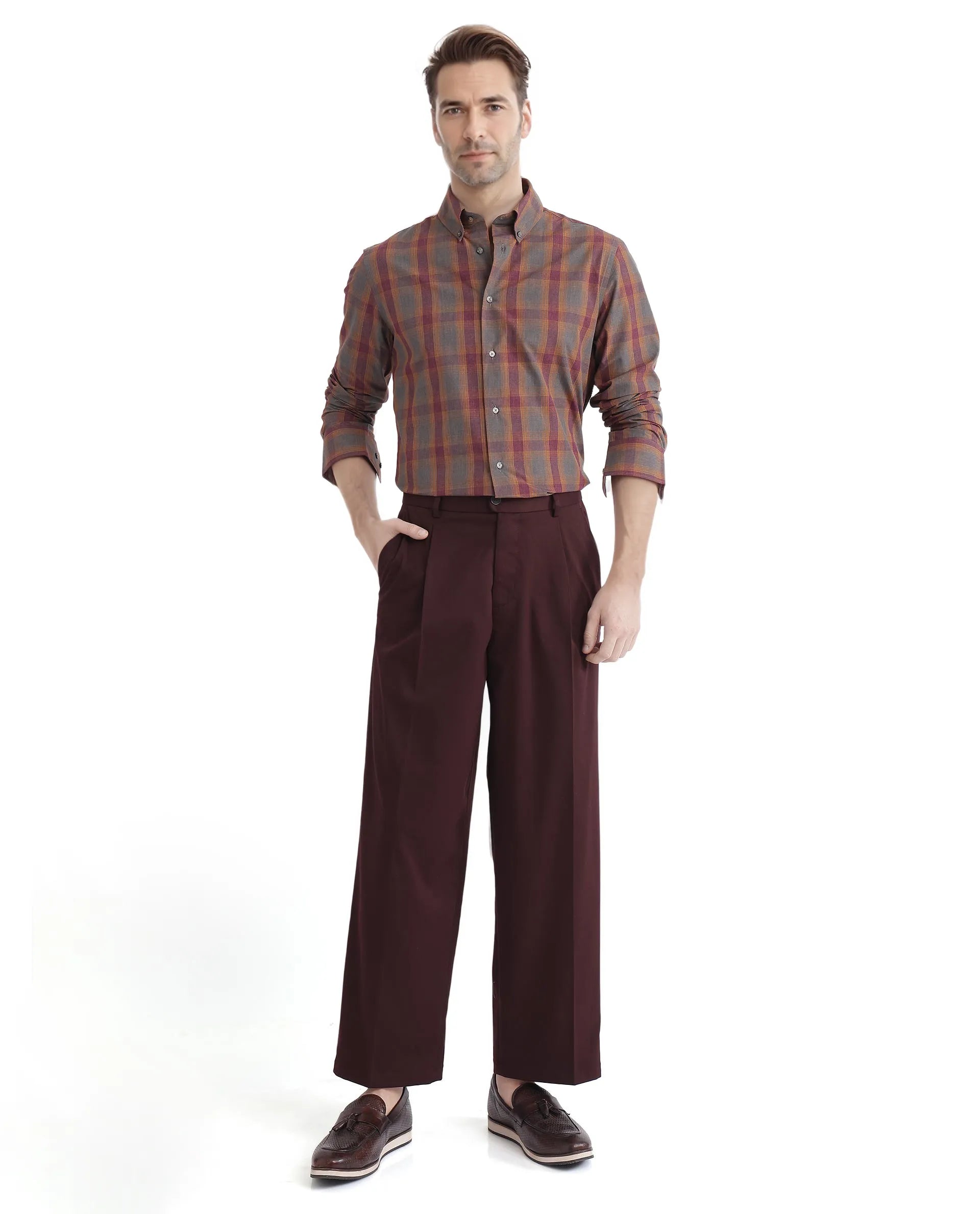 Rare Rabbit Men's Rudo Dark Grey Cotton Fabric Full Sleeve Regular Fit Checks Shirt