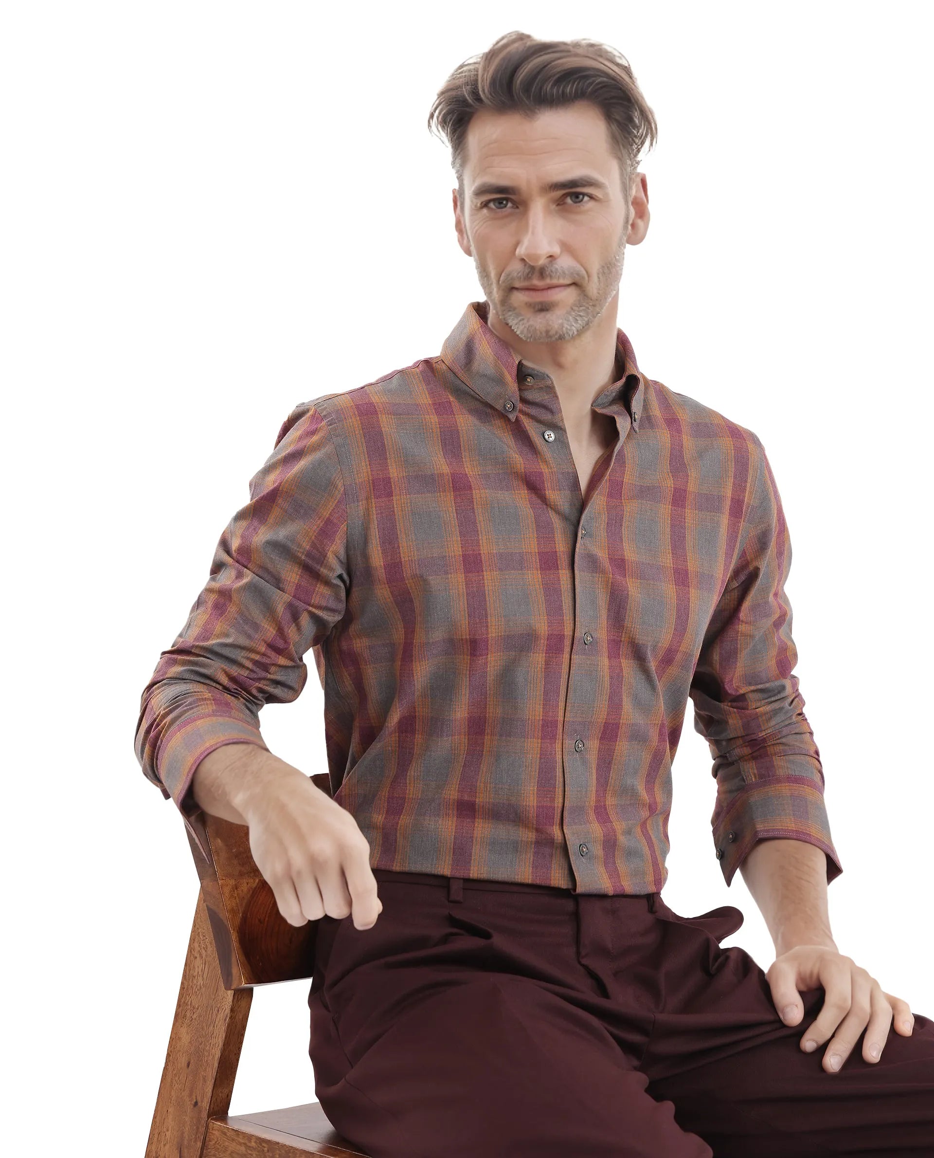 Rare Rabbit Men's Rudo Dark Grey Cotton Fabric Full Sleeve Regular Fit Checks Shirt