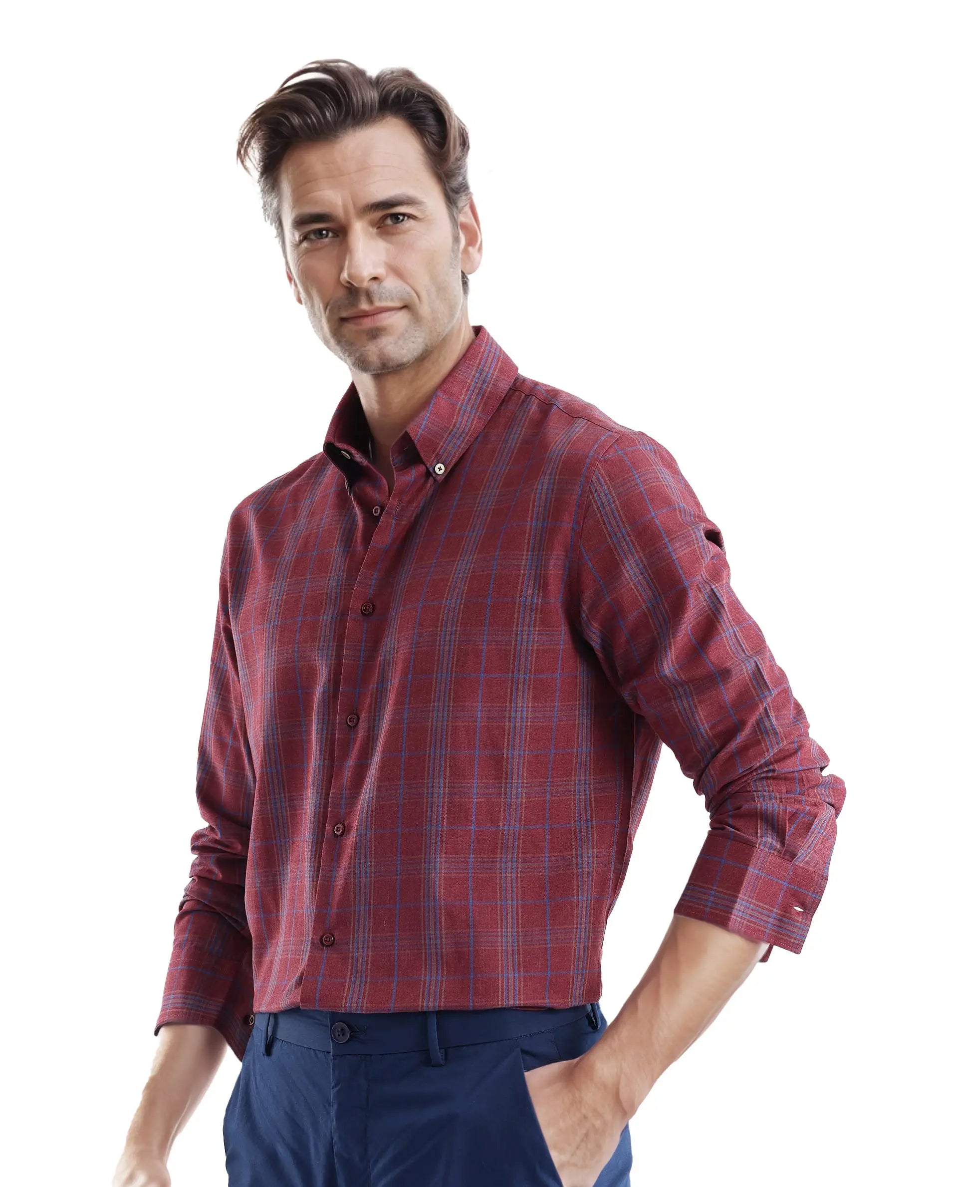 Rare Rabbit Men's Rudo Dark Red Cotton Fabric Full Sleeve Regular Fit Checks Shirt