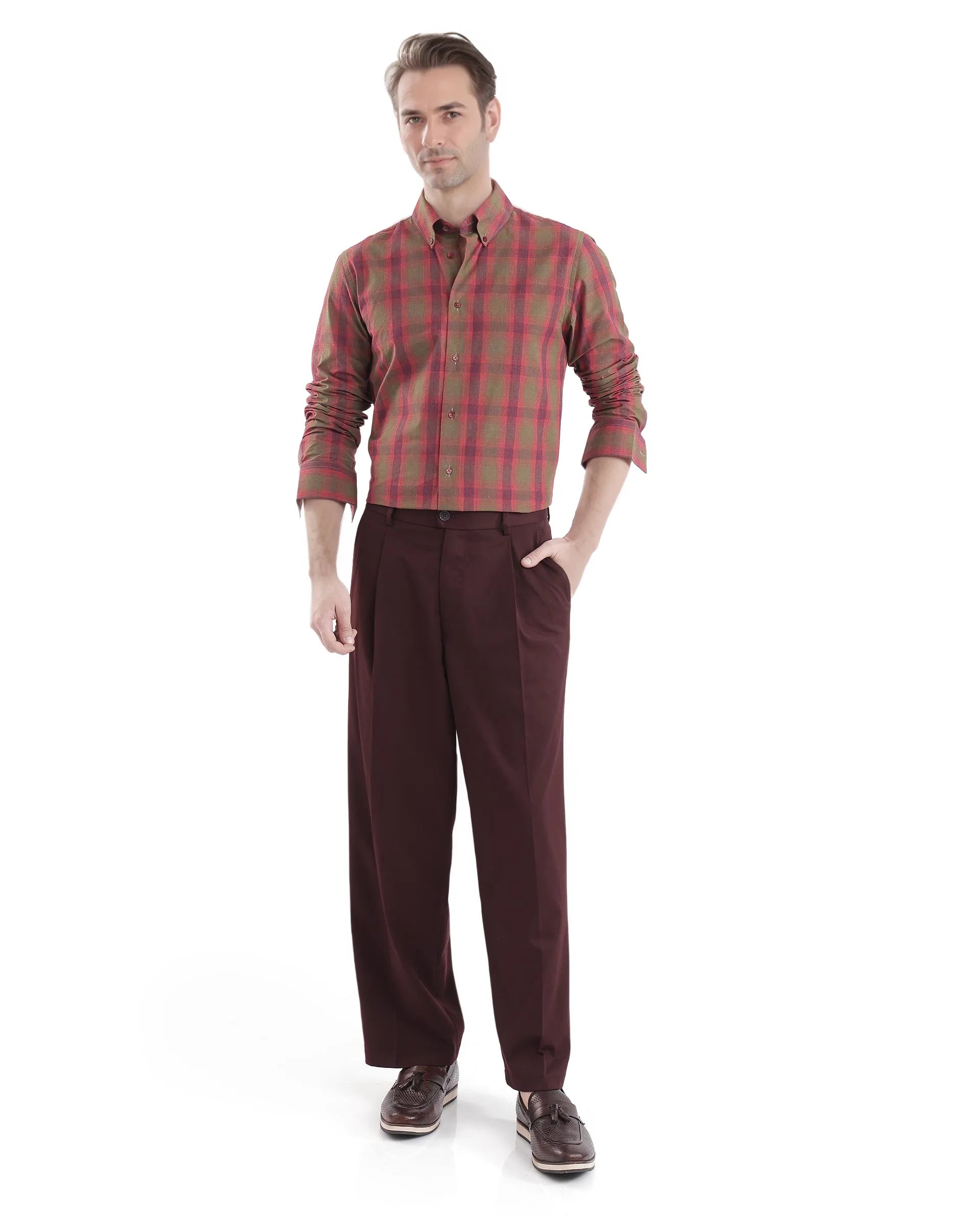 Rare Rabbit Men's Rudo Red Cotton Fabric Full Sleeve Regular Fit Checks Shirt