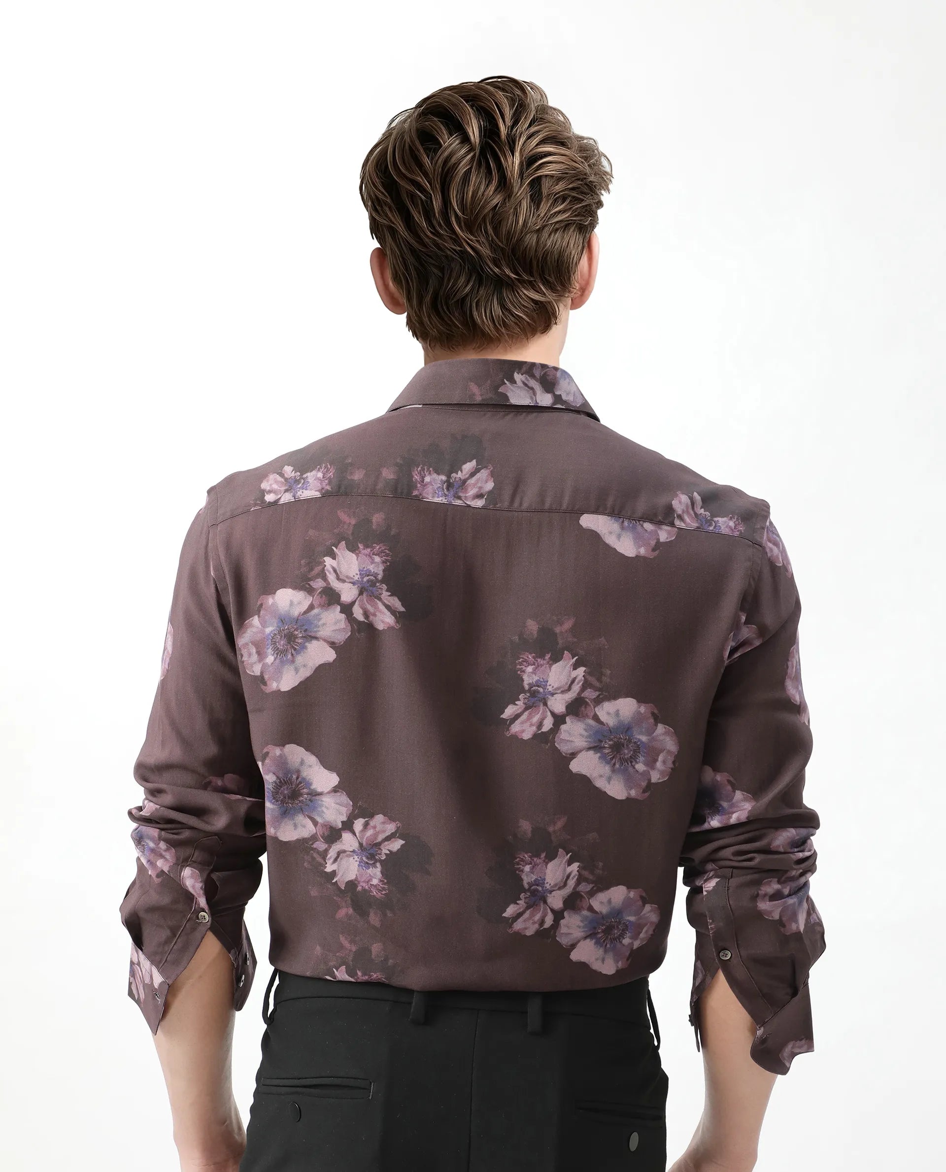 Rare Rabbit Men's Ruds Brown Viscose Floral Print Regular Fit Full Sleeve Collared Shirt