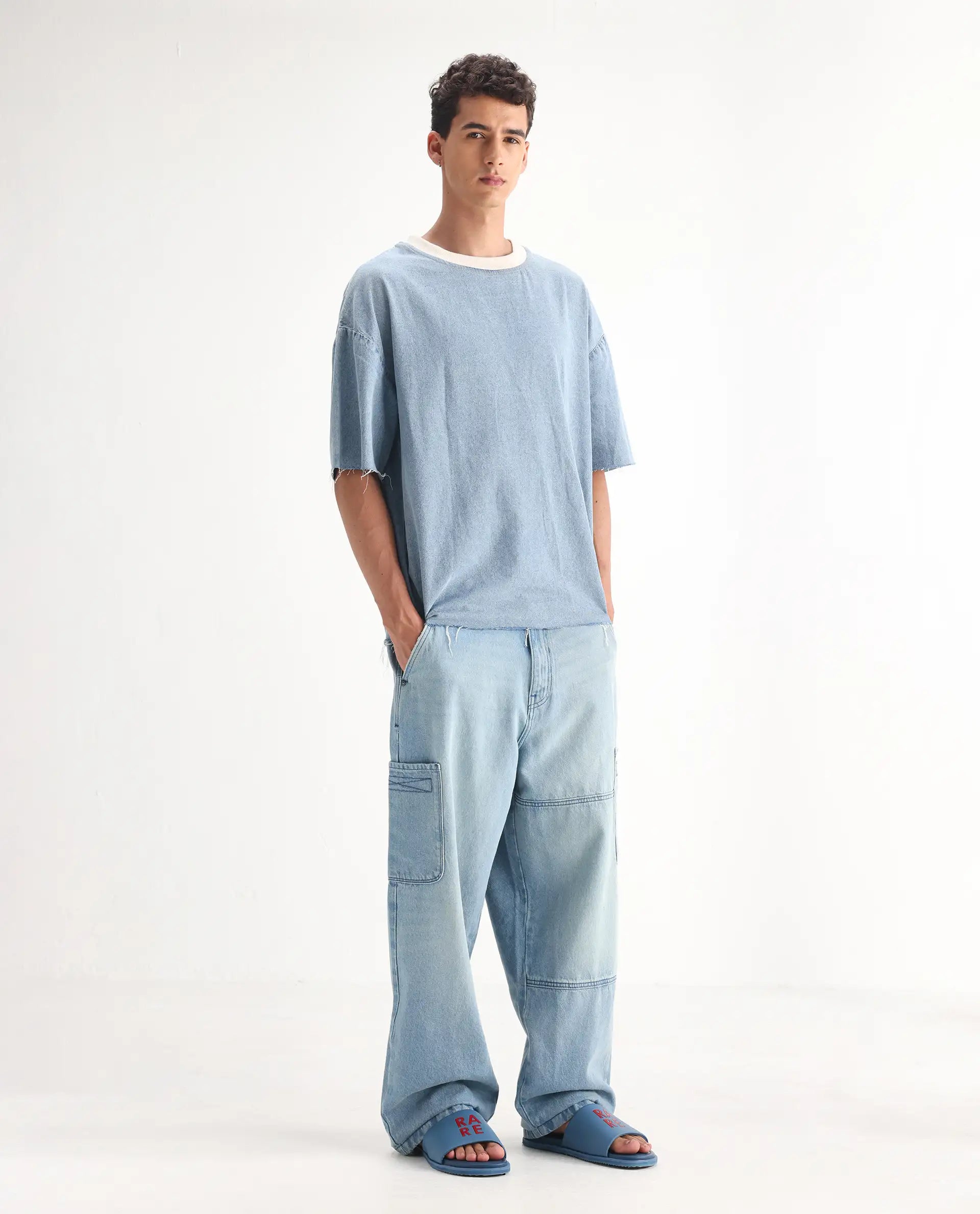 Rare Rabbit Men's Ruei Light Blue Cotton Plain Baggy Fit Jeans