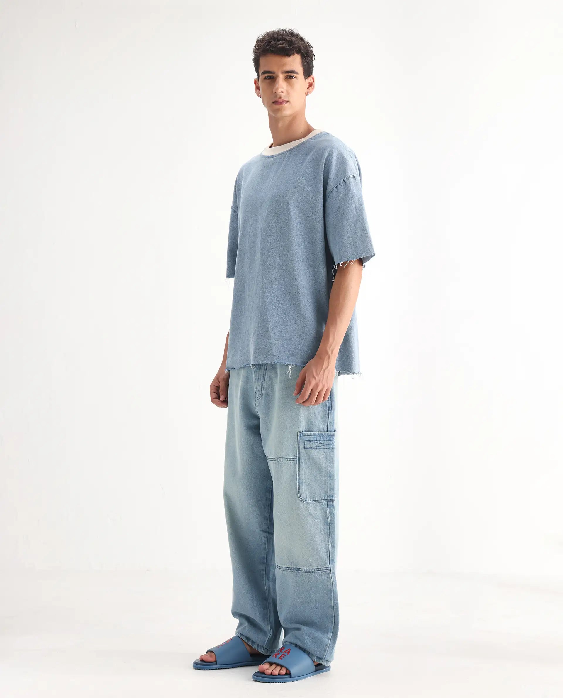 Rare Rabbit Men's Ruei Light Blue Cotton Plain Baggy Fit Jeans