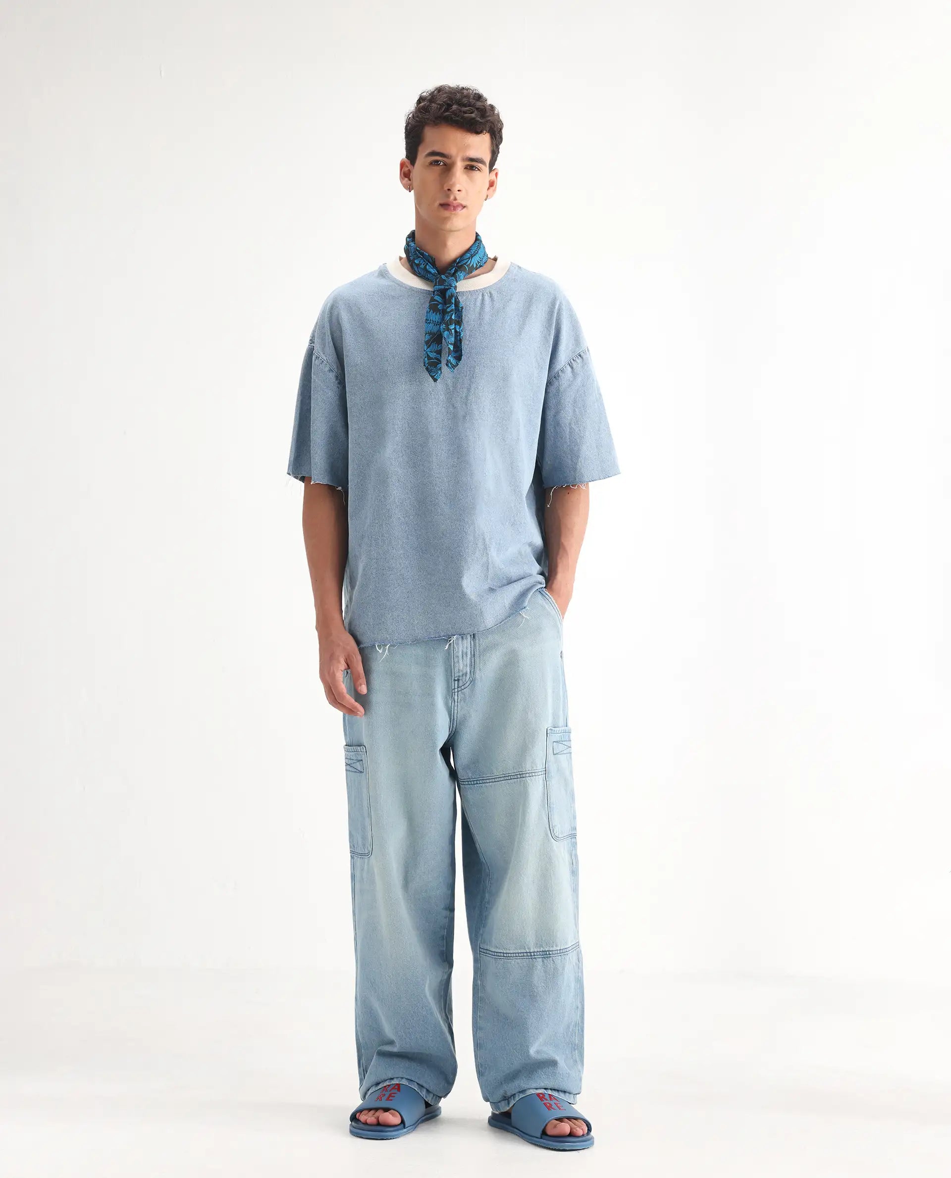 Rare Rabbit Men's Ruei Light Blue Cotton Plain Baggy Fit Jeans