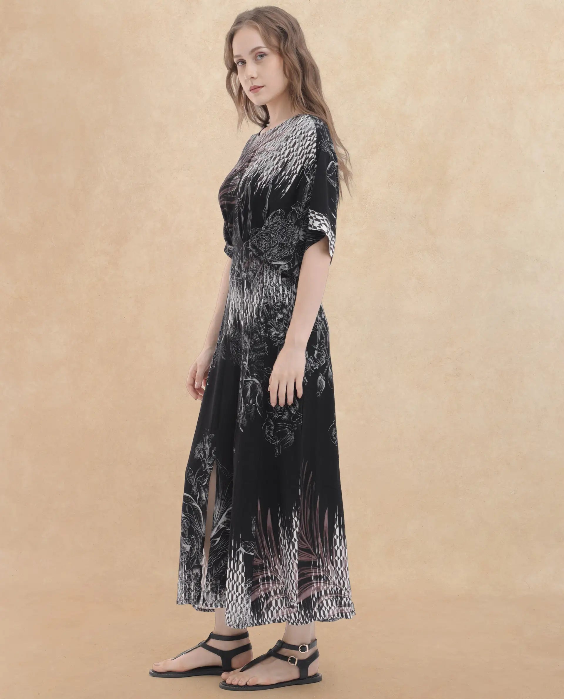 Rareism Women's Rufus Black Polyester Crew Neck Abstract Print Extended Sleeves Maxi Fit And Flare Dress