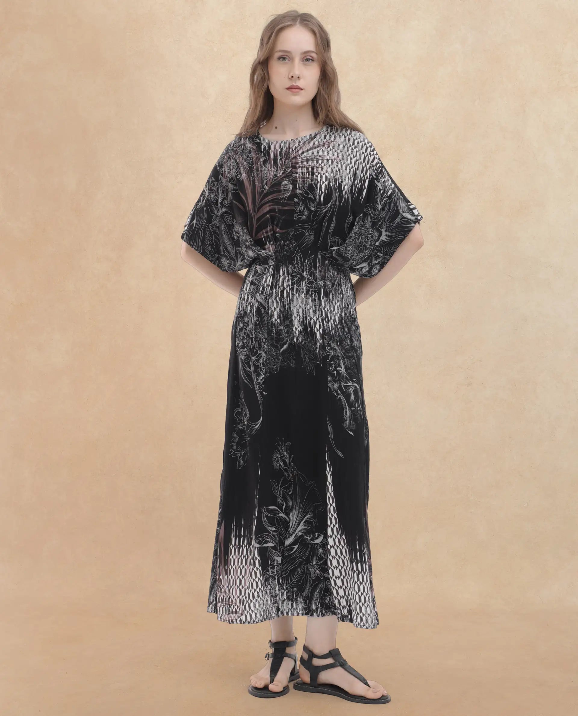 Rareism Women's Rufus Black Polyester Crew Neck Abstract Print Extended Sleeves Maxi Fit And Flare Dress