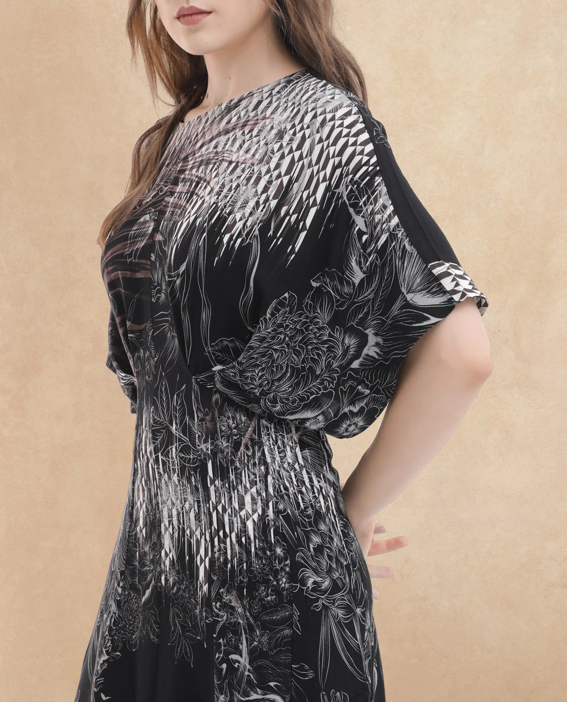 Rareism Women's Rufus Black Polyester Crew Neck Abstract Print Extended Sleeves Maxi Fit And Flare Dress