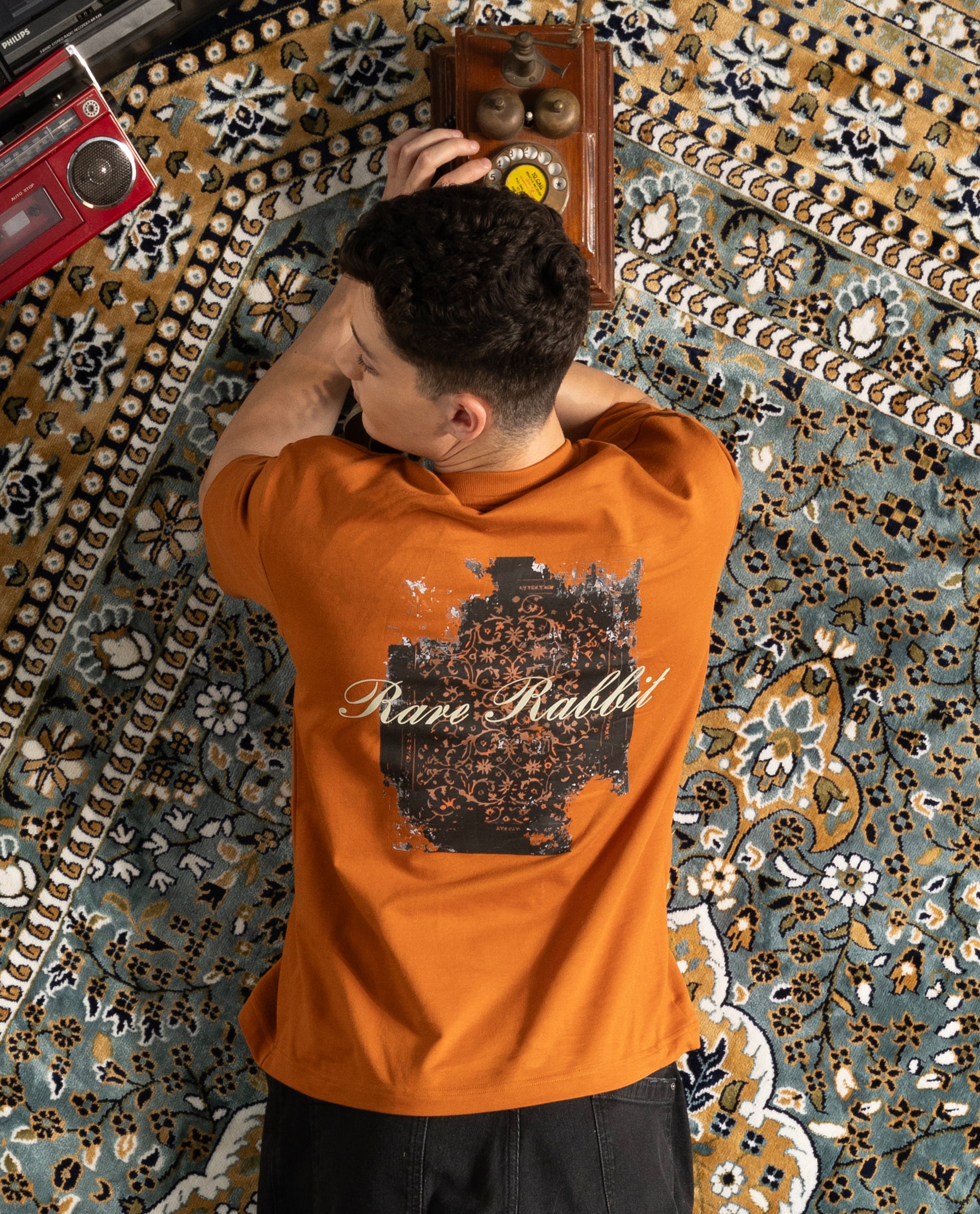 Rare Rabbit Men's Rugy Rust Cotton Graphic Print Qlo Fit Half Sleeve Crew Neck T-Shirt