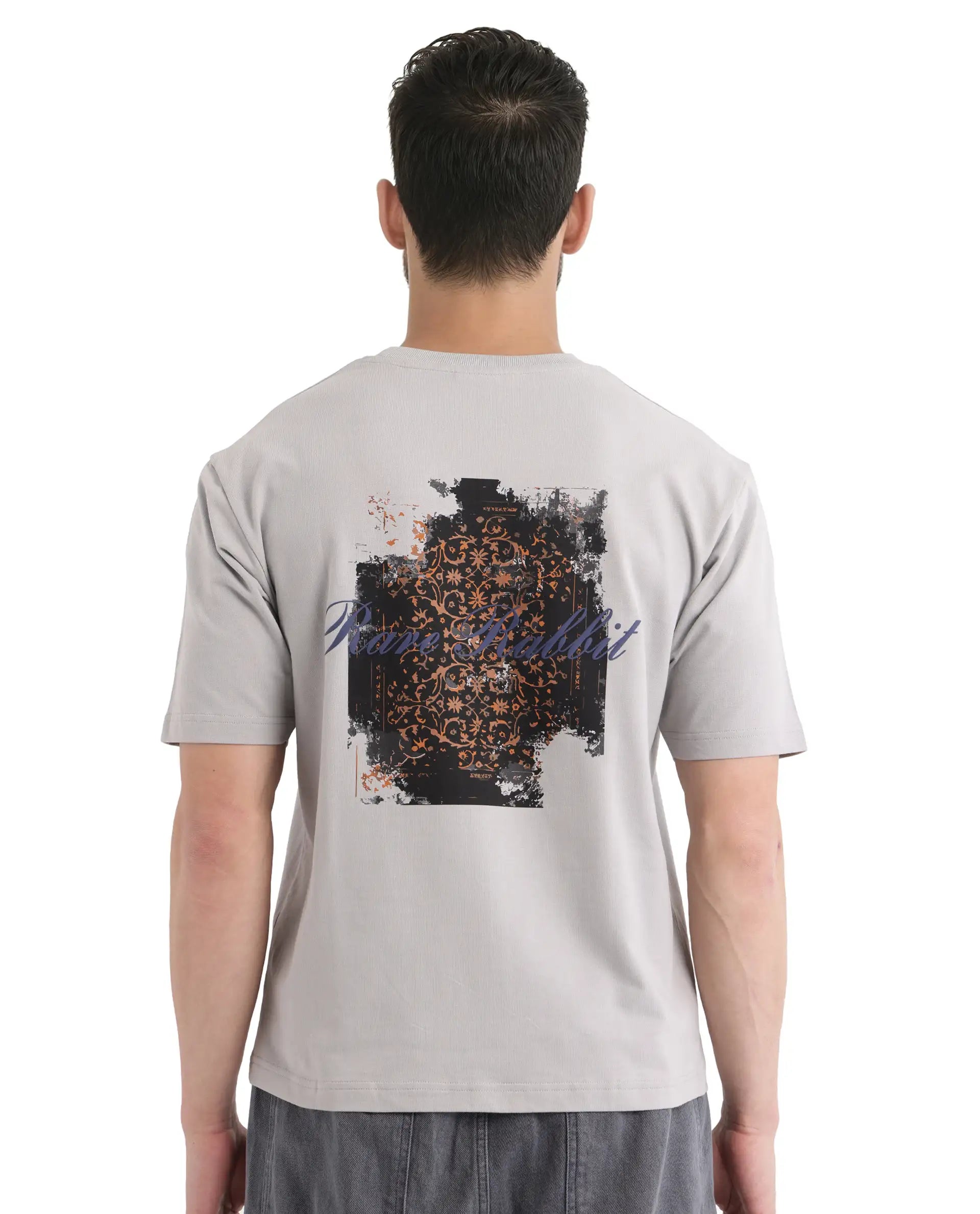 Rare Rabbit Men Rugy Grey Cotton Fabric Short Sleeve Crew Neck Qlo Fit Graphic Back Print T-Shirt