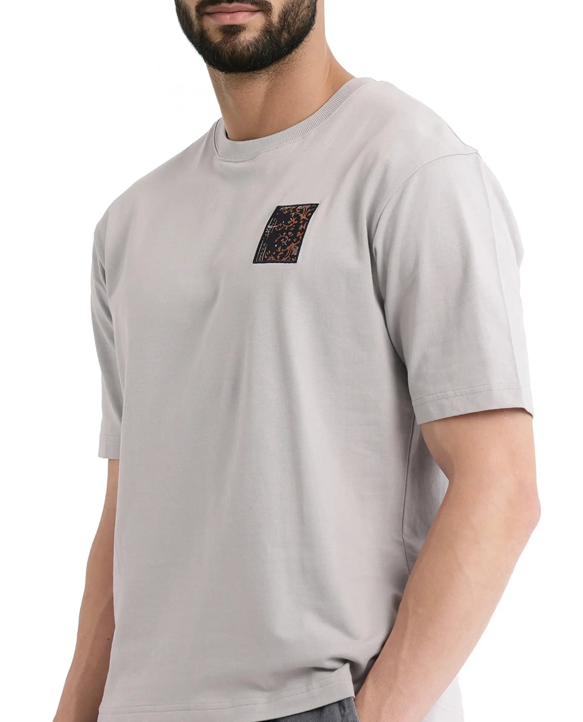 Rare Rabbit Men Rugy Grey Cotton Fabric Short Sleeve Crew Neck Qlo Fit Graphic Back Print T-Shirt