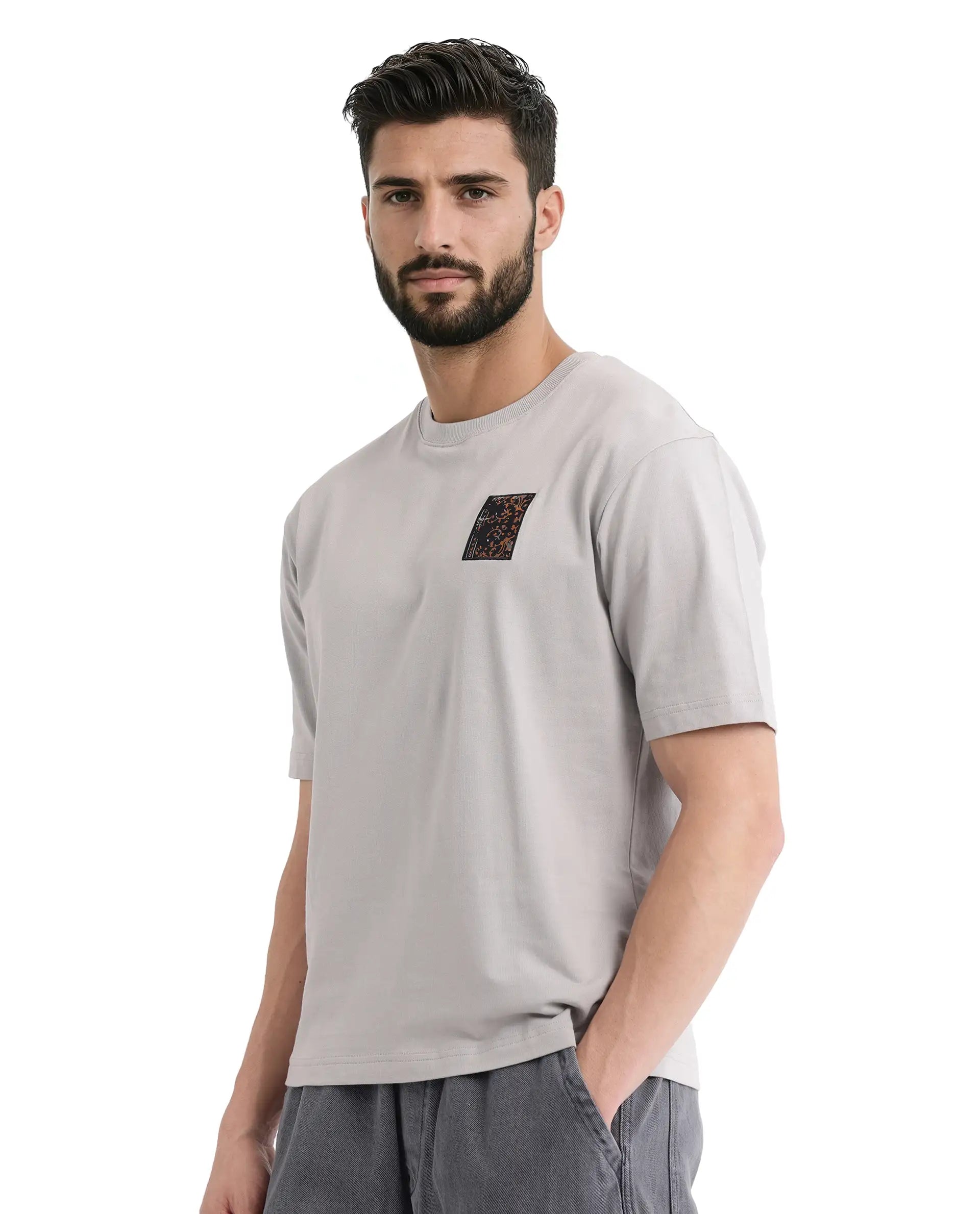 Rare Rabbit Men Rugy Grey Cotton Fabric Short Sleeve Crew Neck Qlo Fit Graphic Back Print T-Shirt