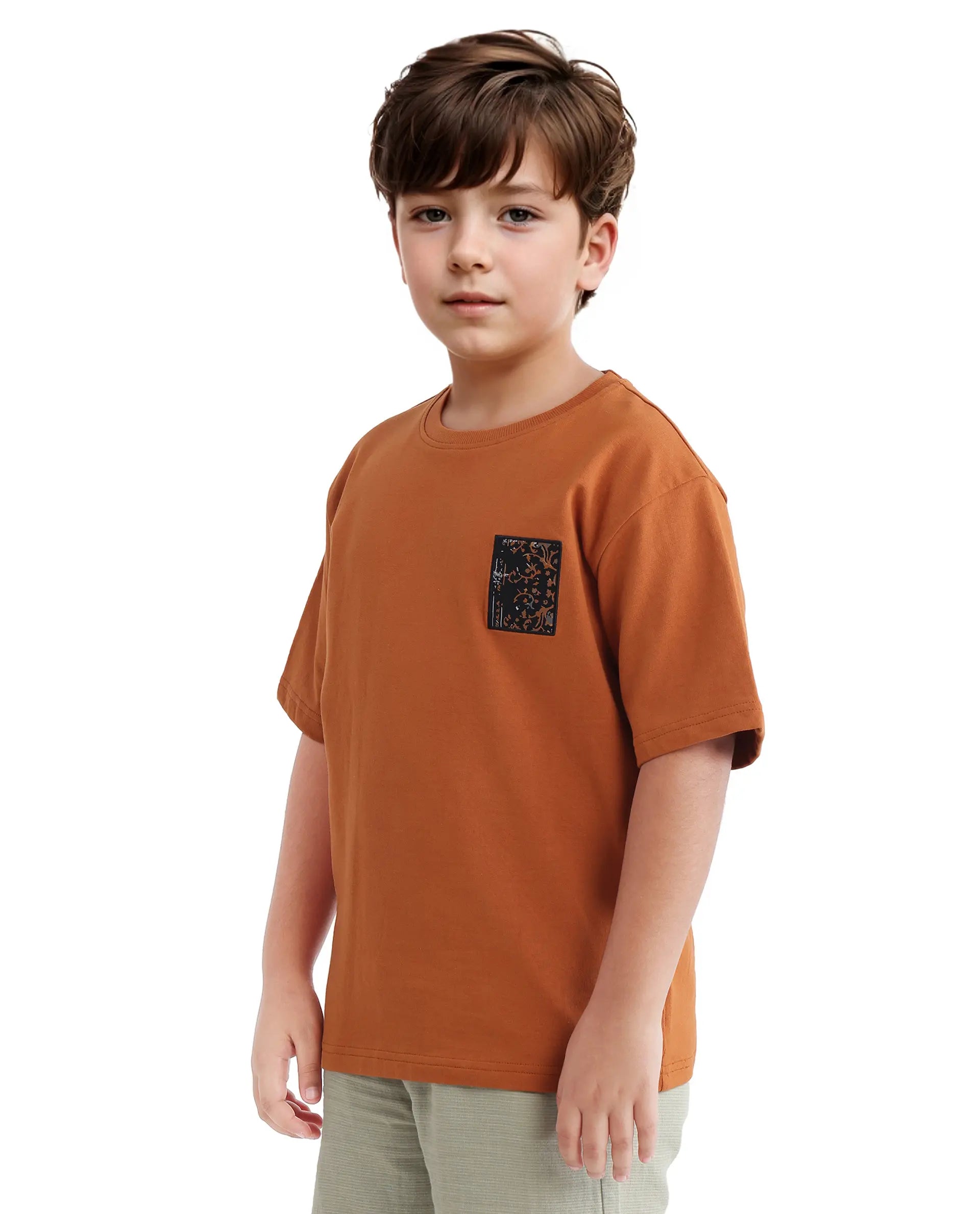 Rare Ones Kids Rugy-K Rust Cotton Short Sleeve Crew Neck Printed Boxy T-Shirt