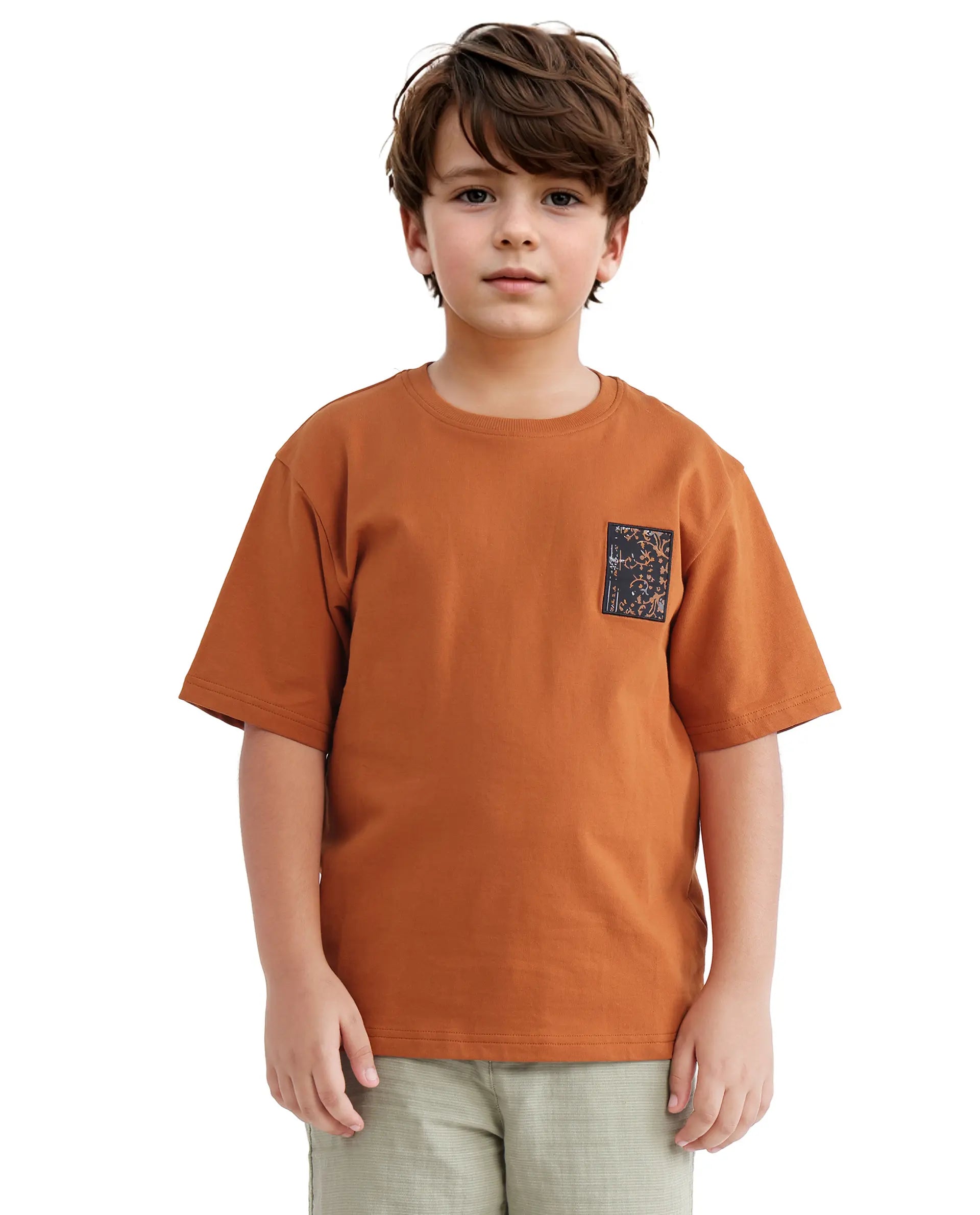 Rare Ones Kids Rugy-K Rust Cotton Short Sleeve Crew Neck Printed Boxy T-Shirt