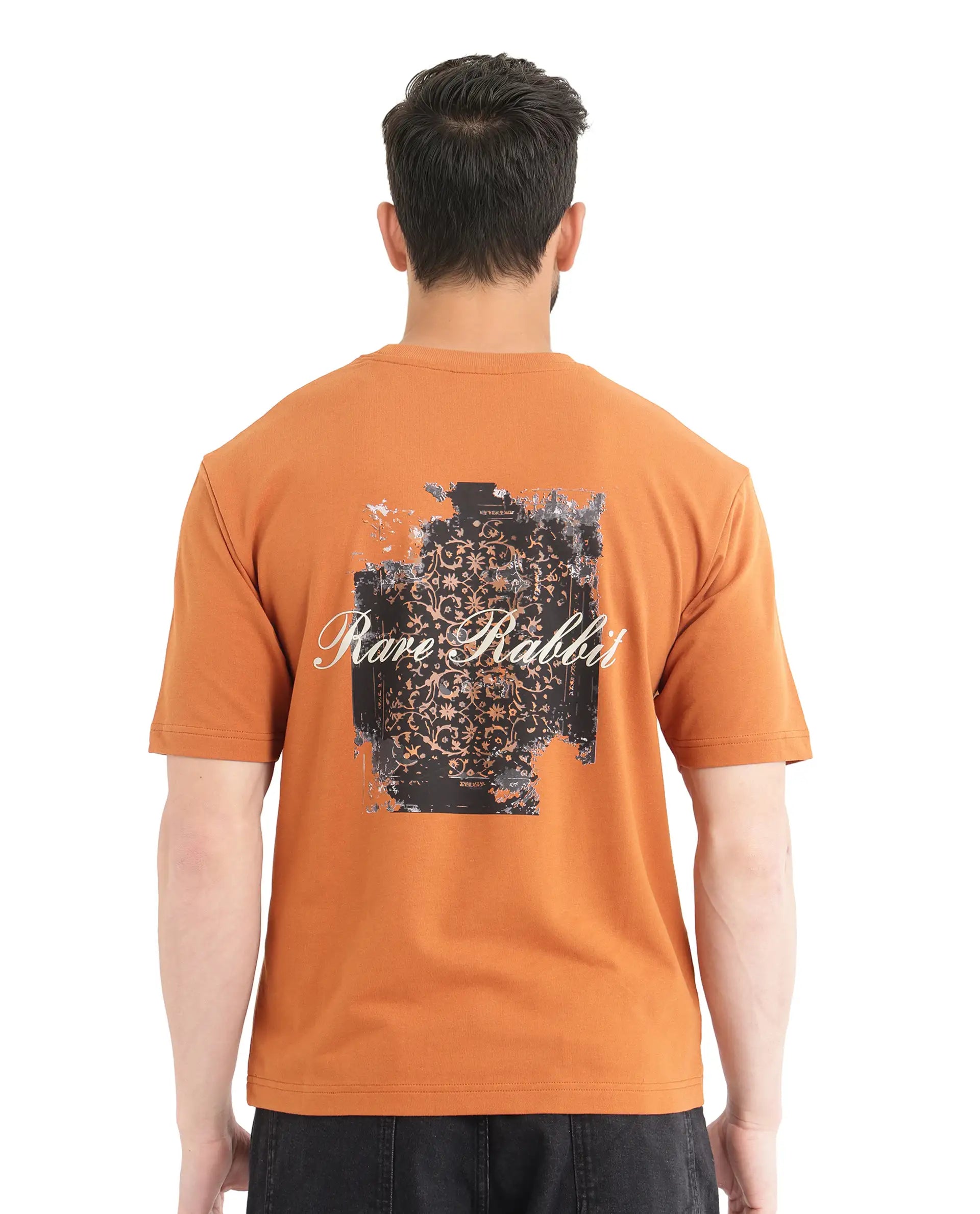 Rare Rabbit Men Rugy Rust Cotton Fabric Short Sleeve Crew Neck Qlo Fit Graphic Back Print T-Shirt