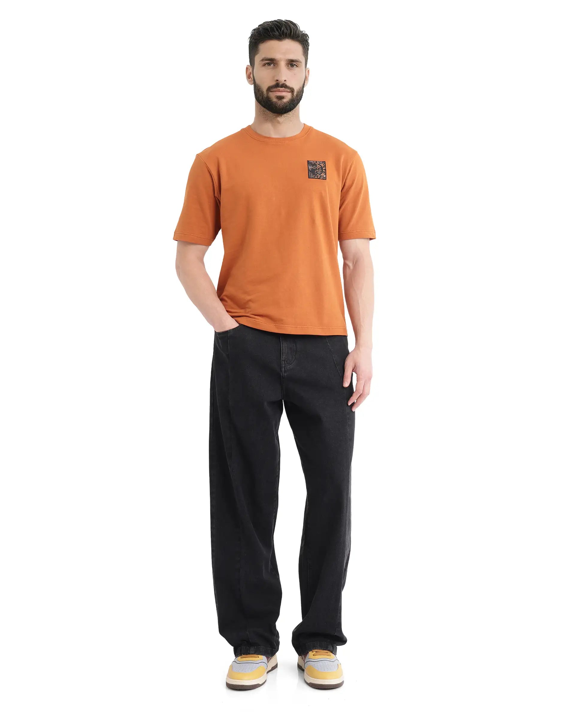 Rare Rabbit Men Rugy Rust Cotton Fabric Short Sleeve Crew Neck Qlo Fit Graphic Back Print T-Shirt