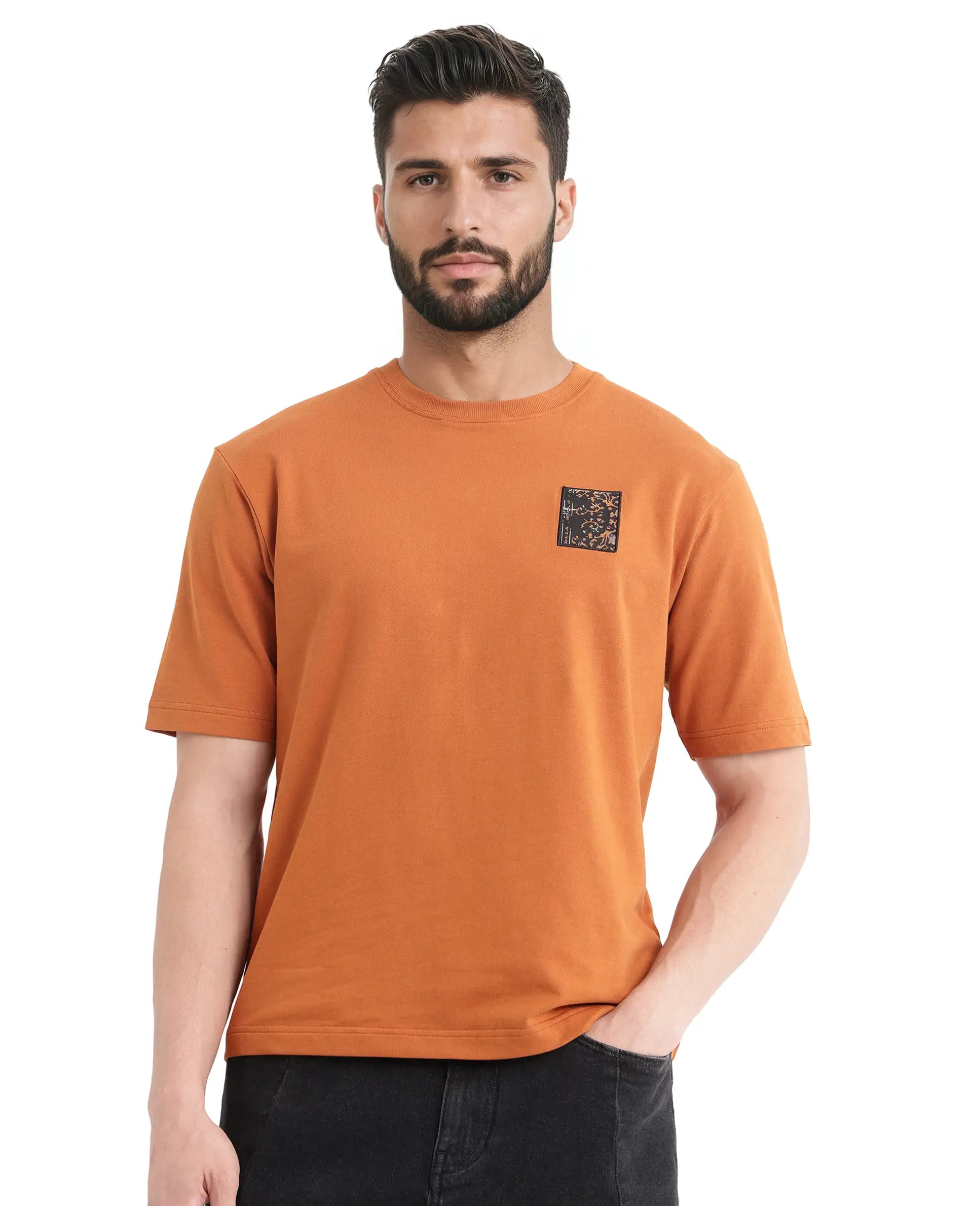 Rare Rabbit Men Rugy Rust Cotton Fabric Short Sleeve Crew Neck Qlo Fit Graphic Back Print T-Shirt