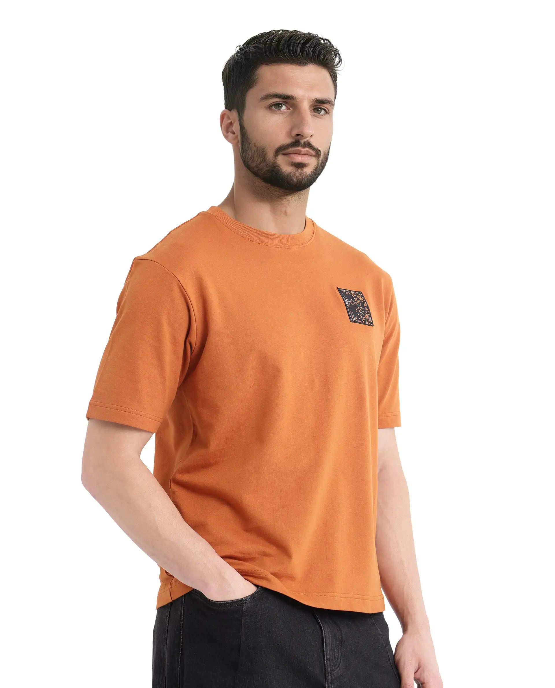 Rare Rabbit Men Rugy Rust Cotton Fabric Short Sleeve Crew Neck Qlo Fit Graphic Back Print T-Shirt