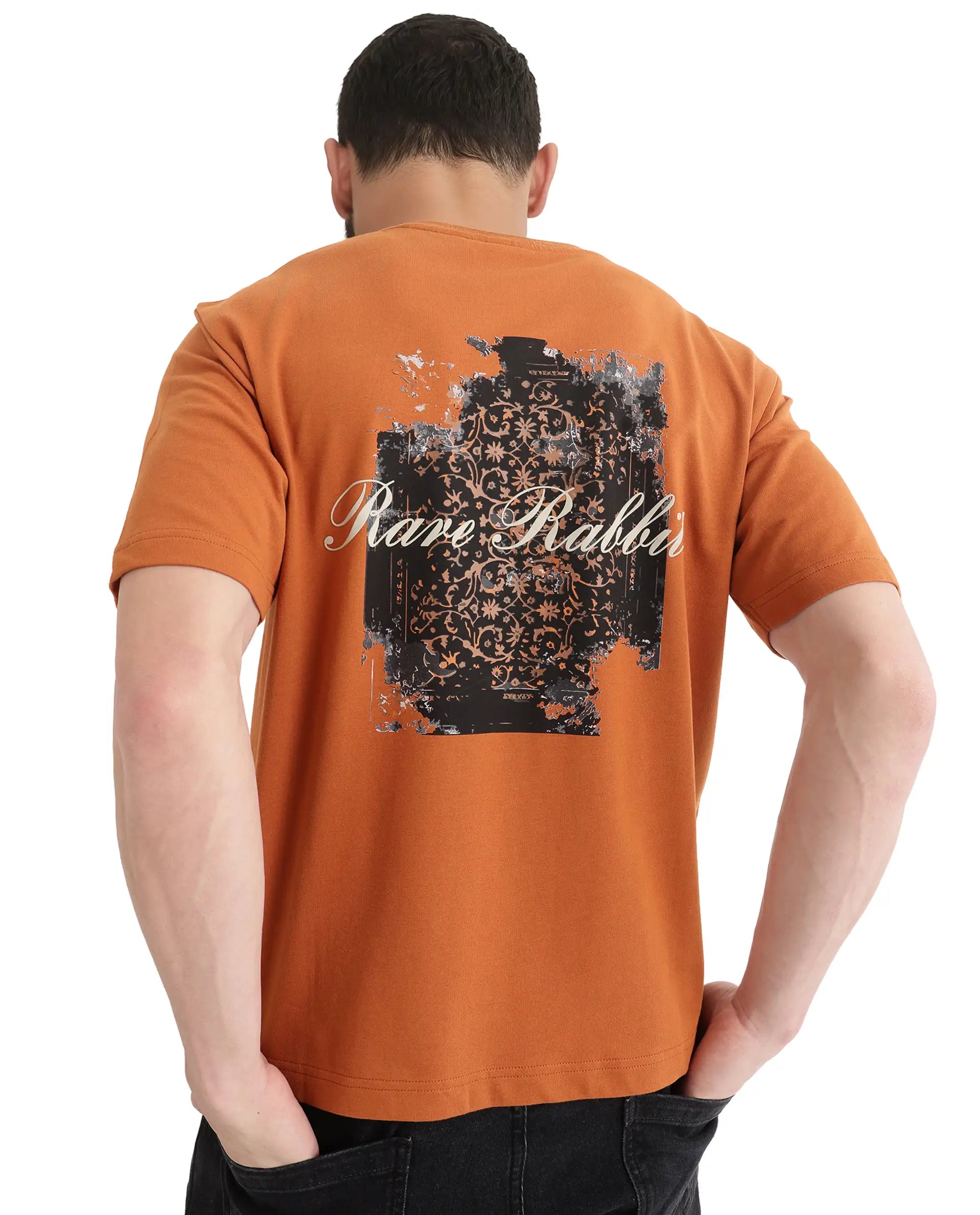 Rare Rabbit Men Rugy Rust Cotton Fabric Short Sleeve Crew Neck Qlo Fit Graphic Back Print T-Shirt