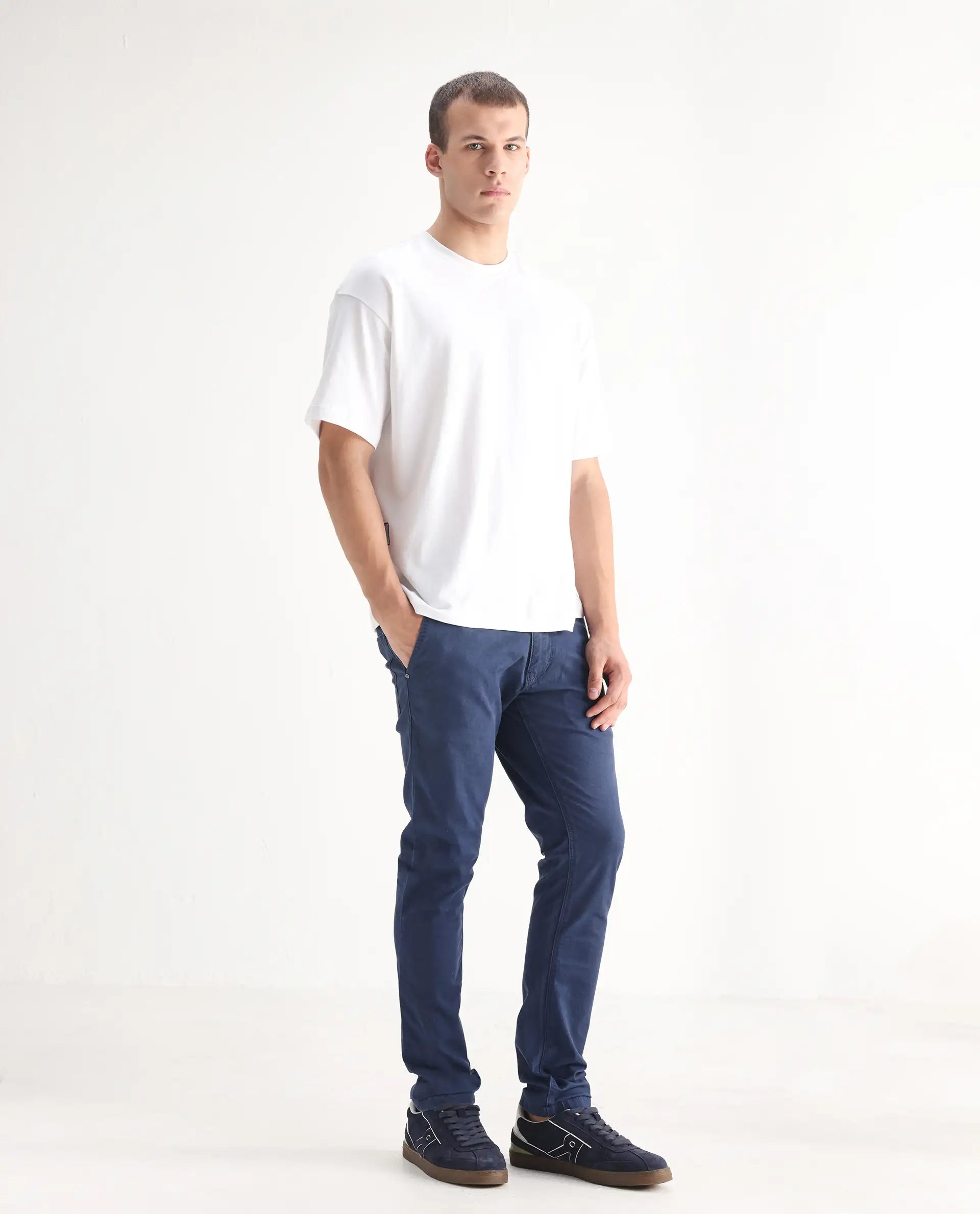 Rare Rabbit Men's Ruiz Blue Cotton Plain Hawk Slim Fit Jeans