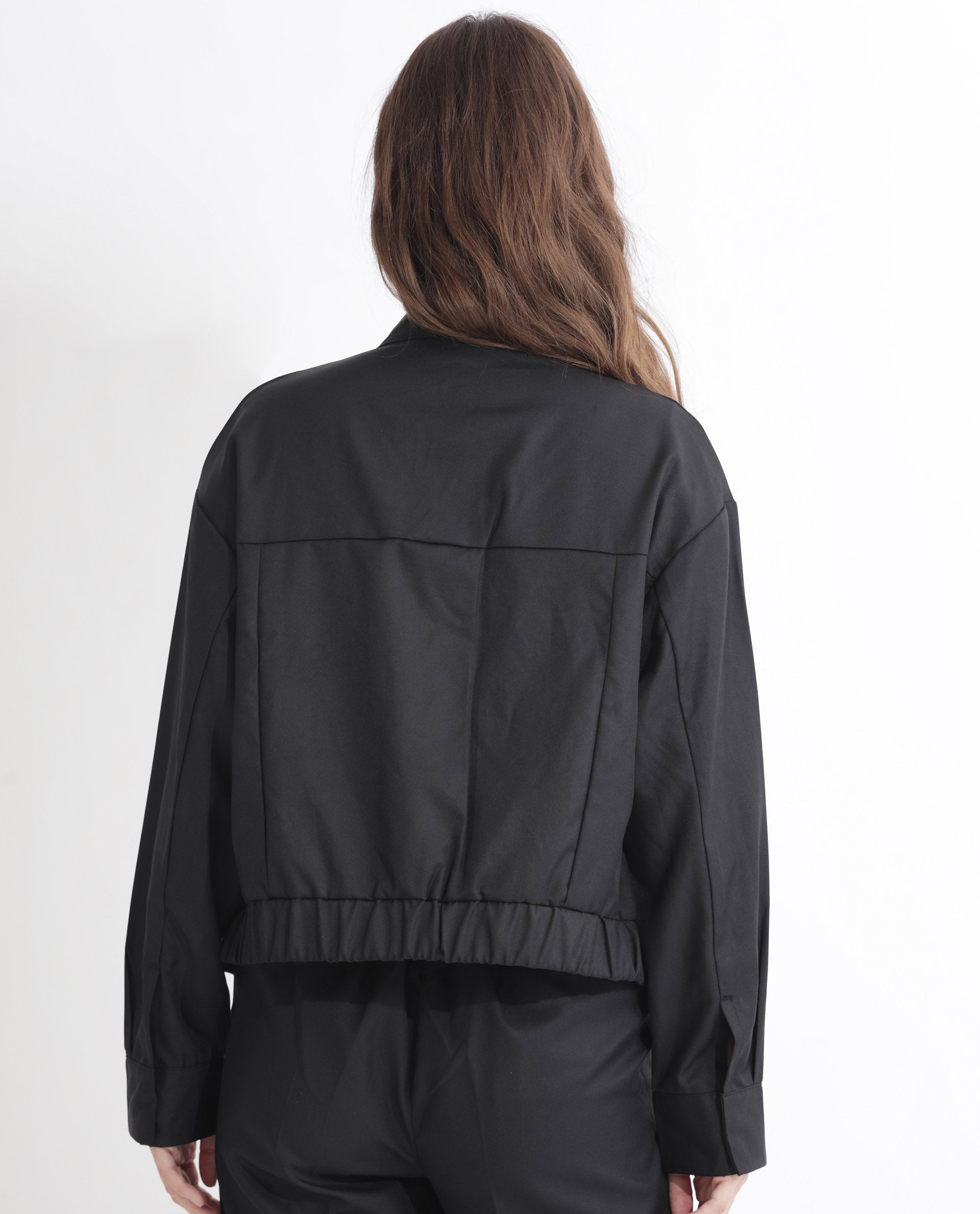 Rareism Women Ruks Black Velvet Full Sleeves Solid High Neck Jacket