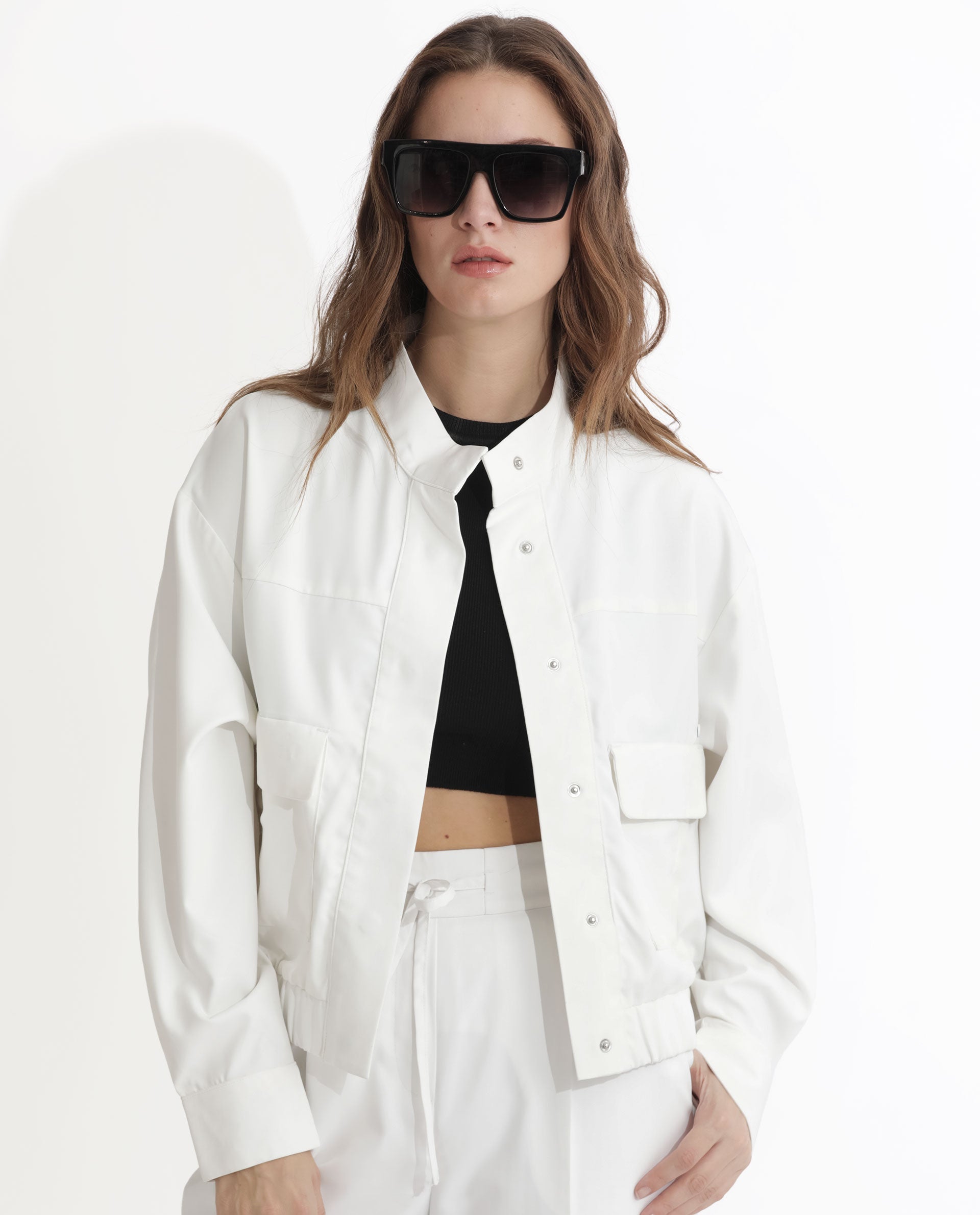 Rareism Women Ruks Off White Velvet Full Sleeves Solid High Neck Jacket