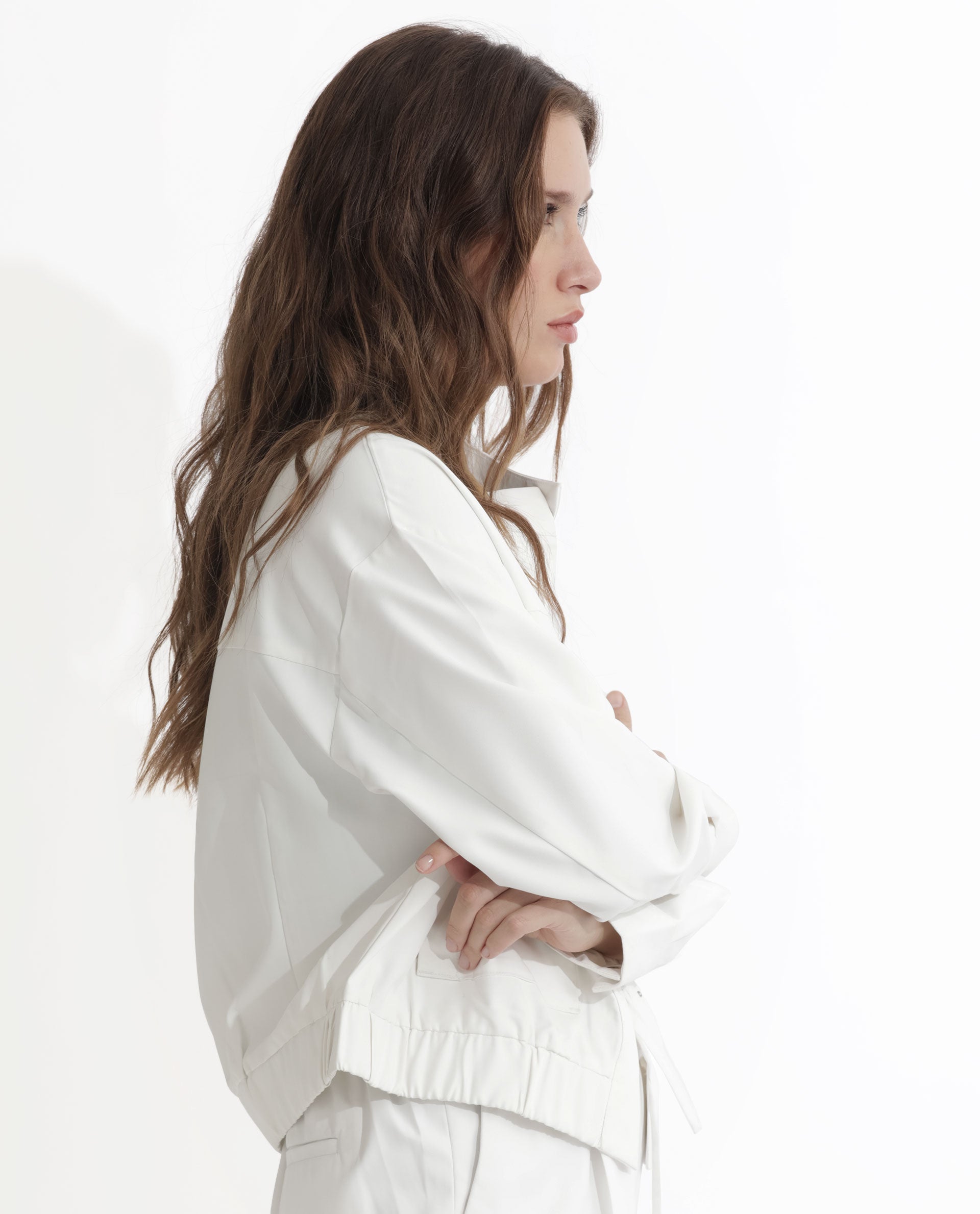 Rareism Women Ruks Off White Velvet Full Sleeves Solid High Neck Jacket