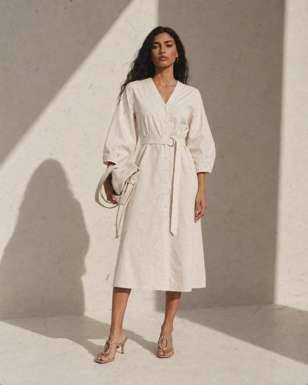 Rareism Women's Rumang Off White Cotton V-Neck Button A-Line Jacquard Print Dress
